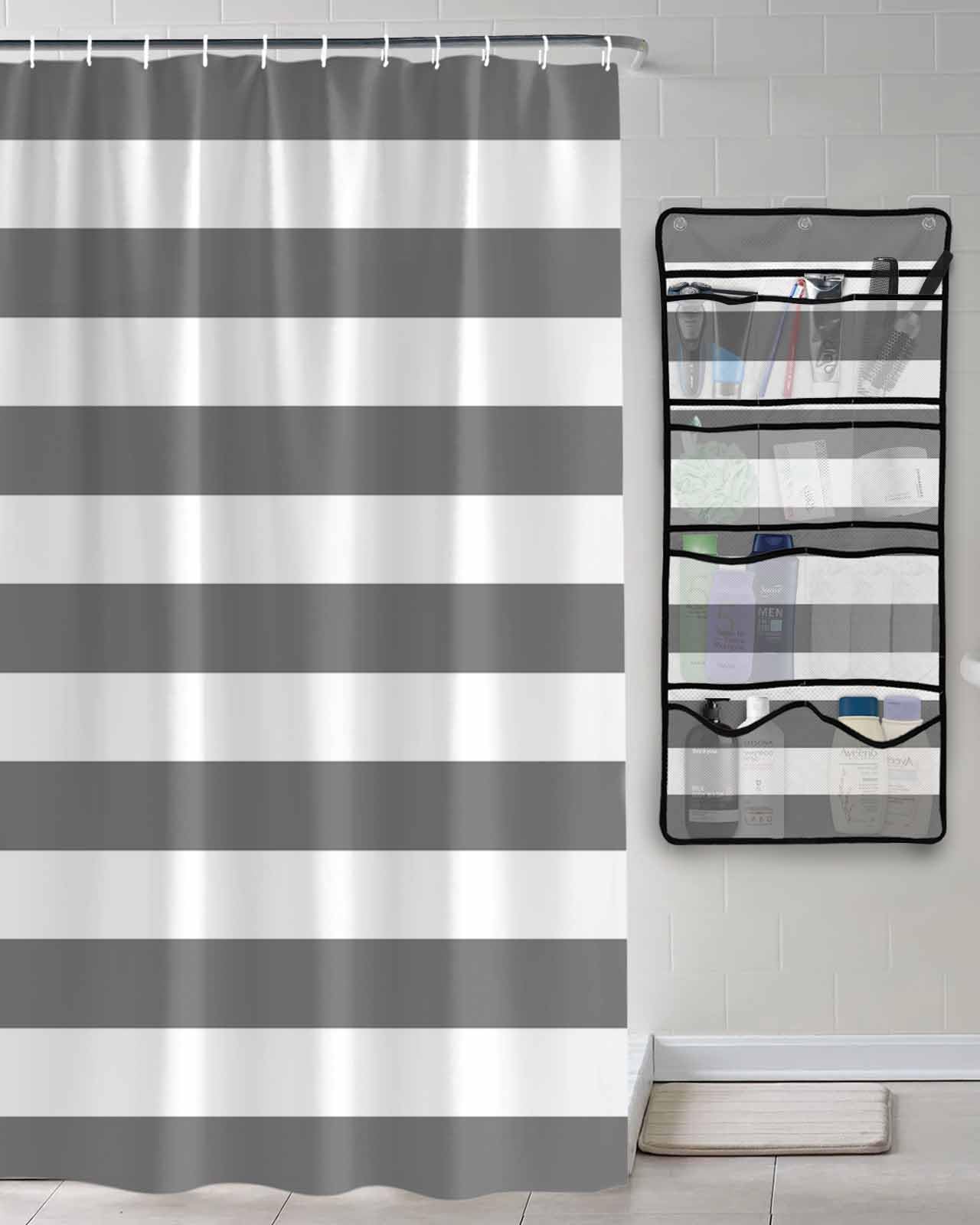 Shower Curtain Mesh Shower Organizer Hanging Set Grey and White Stripes Waterproof Shower Curtains with 10 Pockets Quick