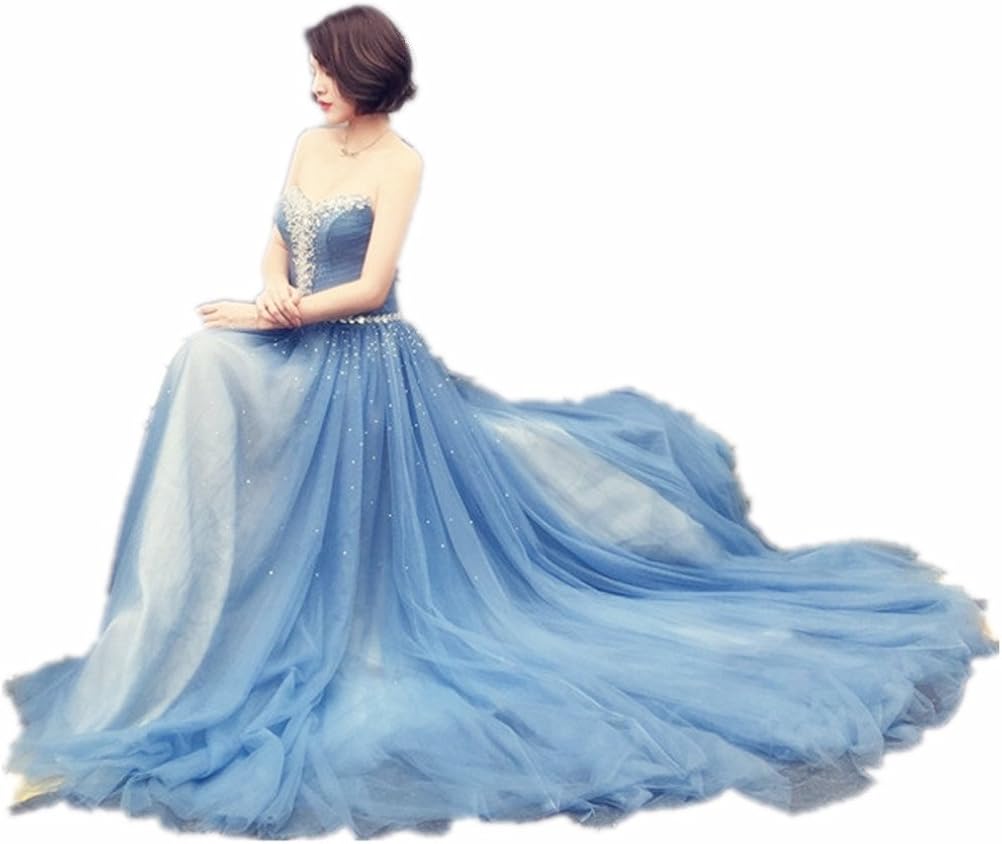 贅沢なブルーチュールプロムパーティードレス 演奏会発表会のドレス ロングイブニングドレス ファッション スウィートハットネック ビーズ ワンピース