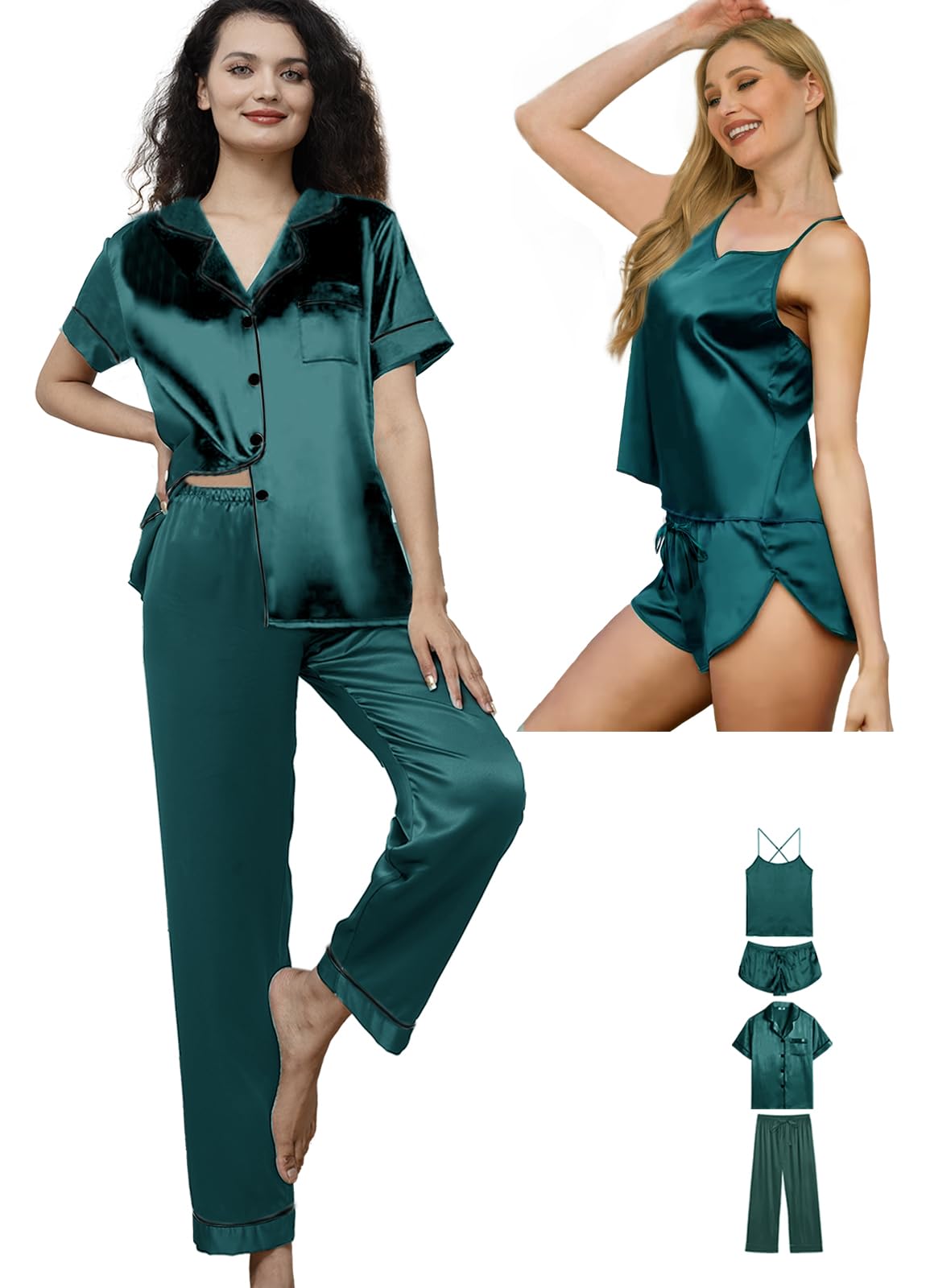 WJing Yi Jia 5Pcs Womens Silk Pajamas Set Sexy Cami Shorts Pj Sets Lingerie Satin Pajama Sets Loungewear Pjs Silky Sleepwear