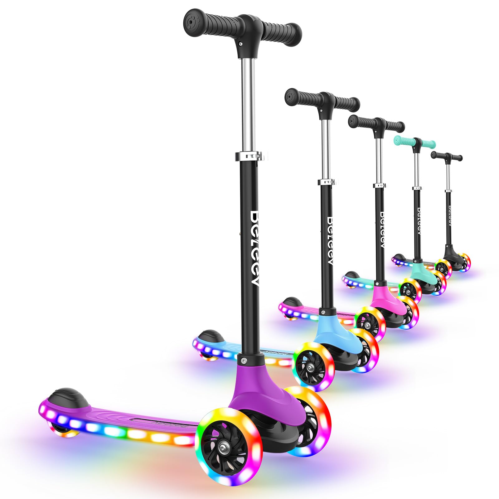 BELEEV A6 Patinete Niño 3-8 Años con LED Luces Ruedas & Deck, Patinete 3 Ruedas 4 Altura Ajustable, Cubierta Antideslizante Scooter, Patinete Ligero Marco Resistente, Patinete Niño Niña6 años
