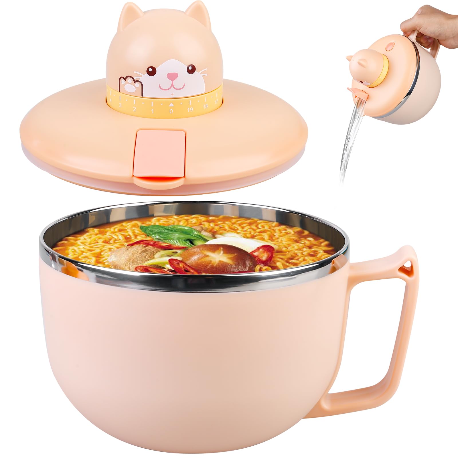 GOMETY Ramen - Cuenco con tapa, 1200 ml, grande, con temporizador, de acero inoxidable 304, para pasta, fideos, sopa y almuerzo (gato)