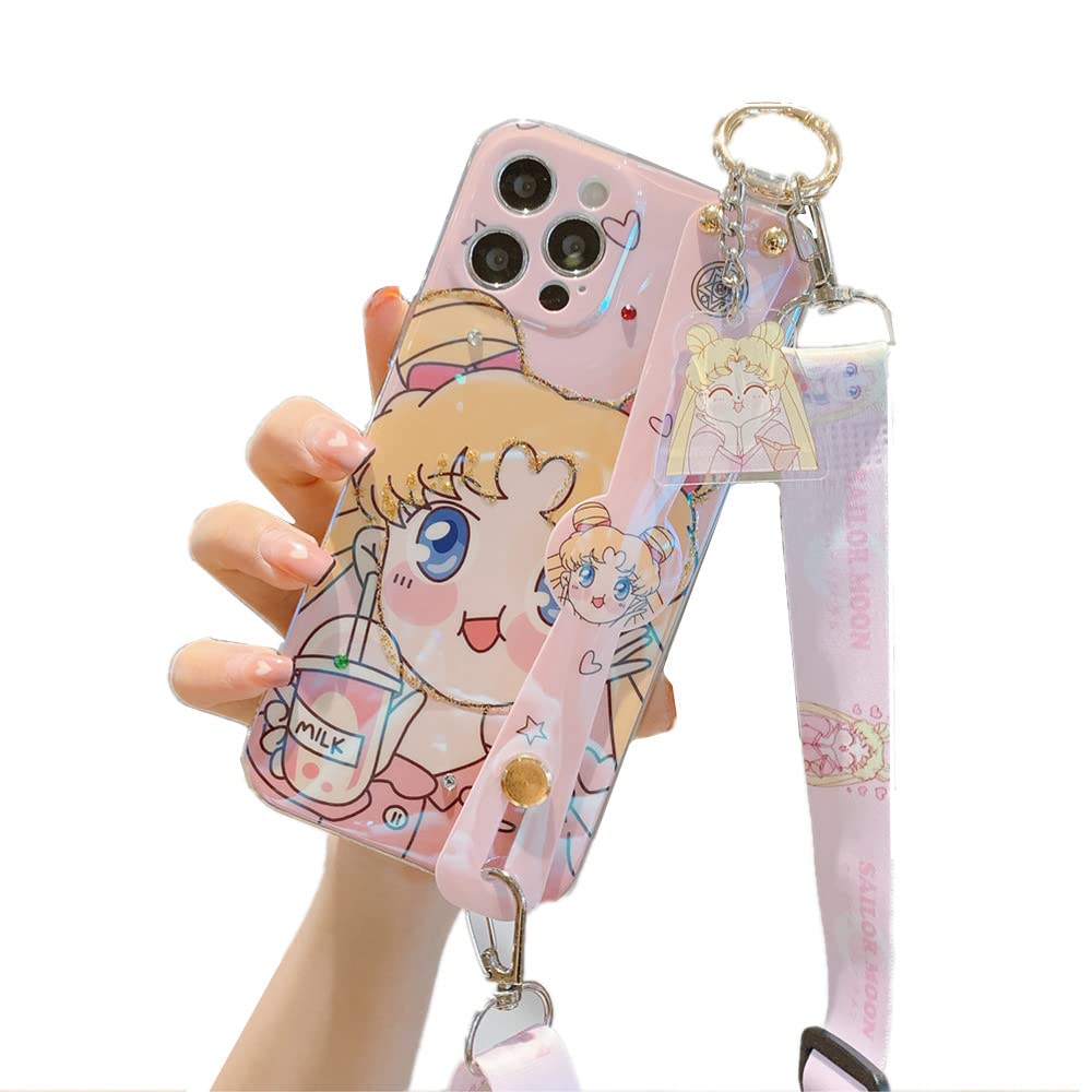 KimZOZkoala for iPhone 13 Pro Max Case Cover, Cute Japan Anime Sailor Moon Case with Wristband Holder Strap Lanyard Diamond Glitter Soft Phone Case Back Cover for iPhone 13 Pro Max (Milk)