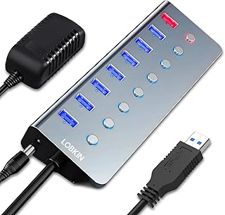 Powered USB Hub,LOBKIN 7-Port USB Hub 3.0 Powered | 1 Smart Charging Port | Multi USB Port Expander with Individual On/Off Switches and 5V/3A Power Adapter for Laptop,PC,Mac,MacBook Pro,PS4,TV
