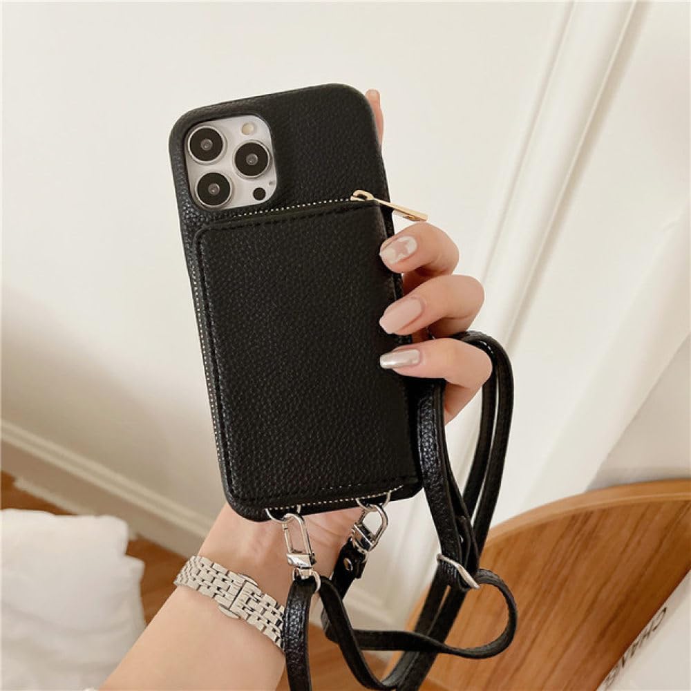 Funda para teléfono con correa para el hombro y billetera con cremallera para iPhone 15 15Pro Max 14 Plus 13 Pro 12 11 Funda trasera con bolsillo para tarjeta con cordón de cuero PU, A, para iPhone 1