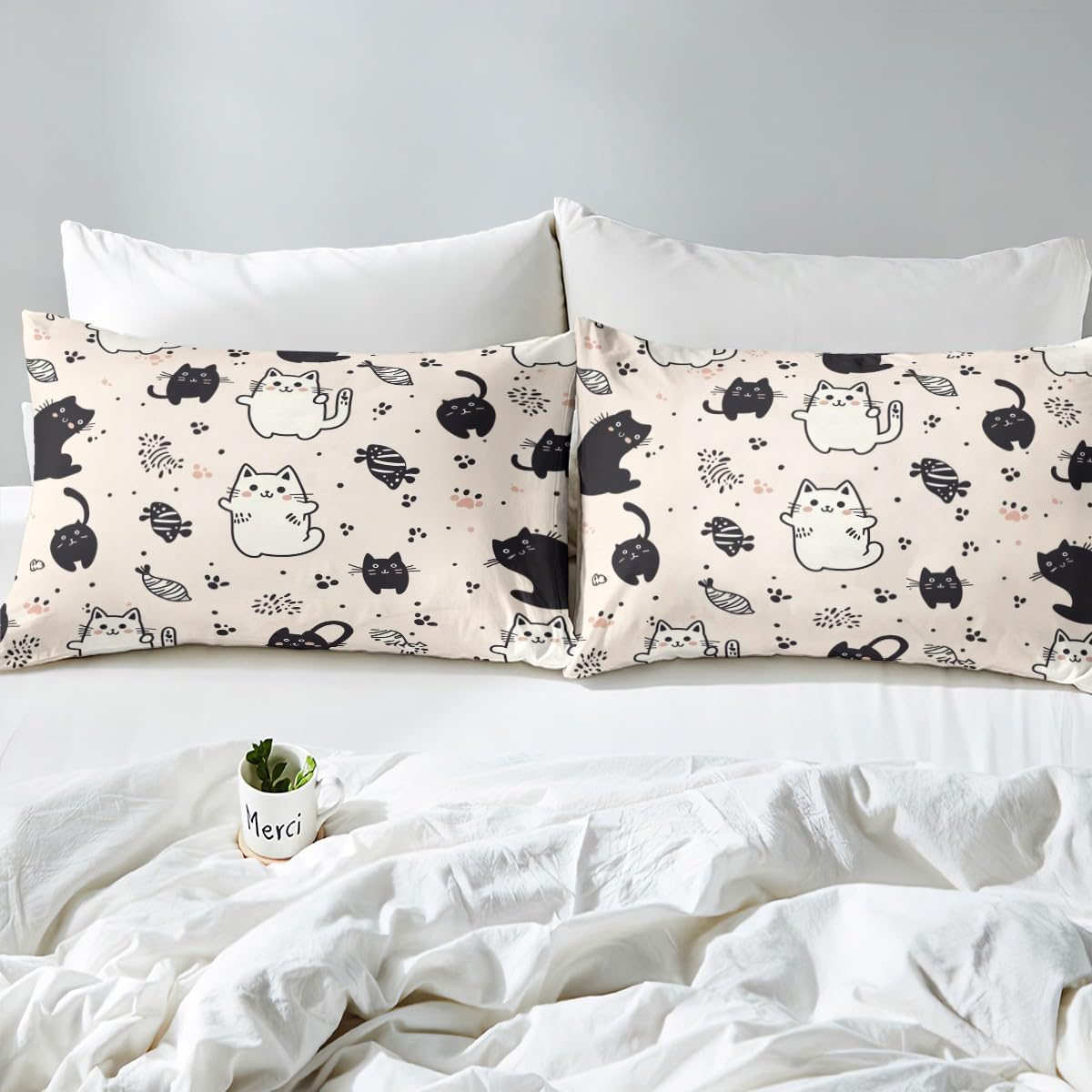 Homewish Kawaii kot dziewczynki podwójna poszewka na kołdrę czarno-biały kot tematyczny zestaw pościeli uroczy mały kot ślad poszewka na kołdrę, kreskówka kotek łóżko zestaw dla dzieci dzieci