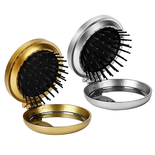 Paquete de 2 cepillos de pelo plegables con espejo, mini cepillo de pelo redondo, tamaño de viaje, peine de masaje de cabello, cepillo de pelo