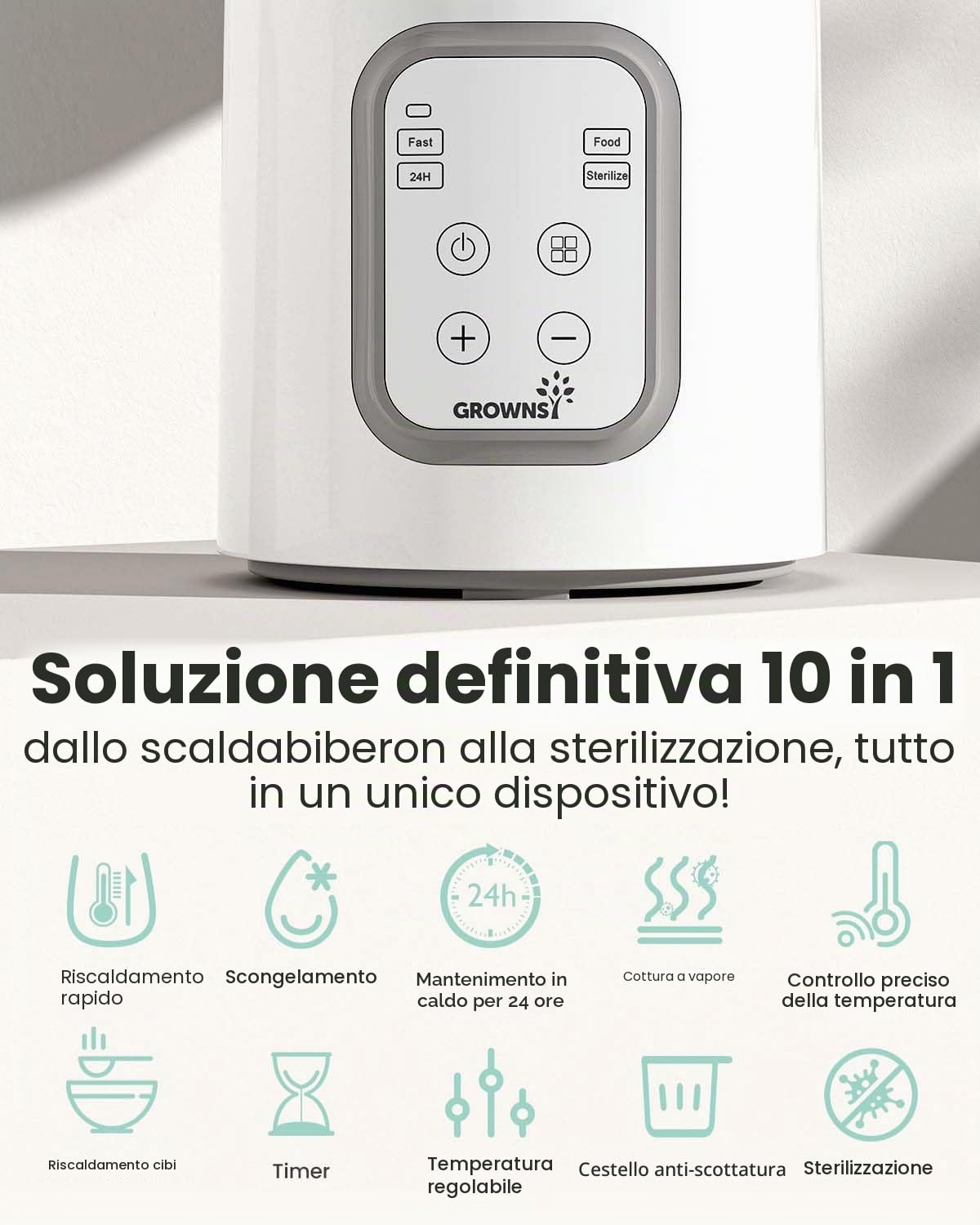 GROWNSY Scaldabiberon 10-in-1 Veloce con Timer per Latte Materno o Formula, Controllo Preciso della Temperatura, Funzioni di Scongelamento, Sterilizzazione, Mantenimento Caldo e Riscaldamento Pappe