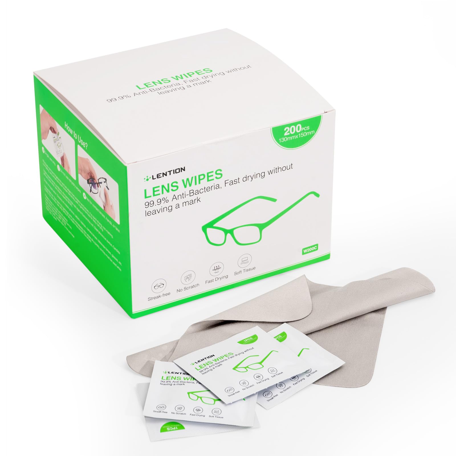 LENTION 200PCS Glasses Wipes Lens Cleaning Wipes, Individually Wrapped