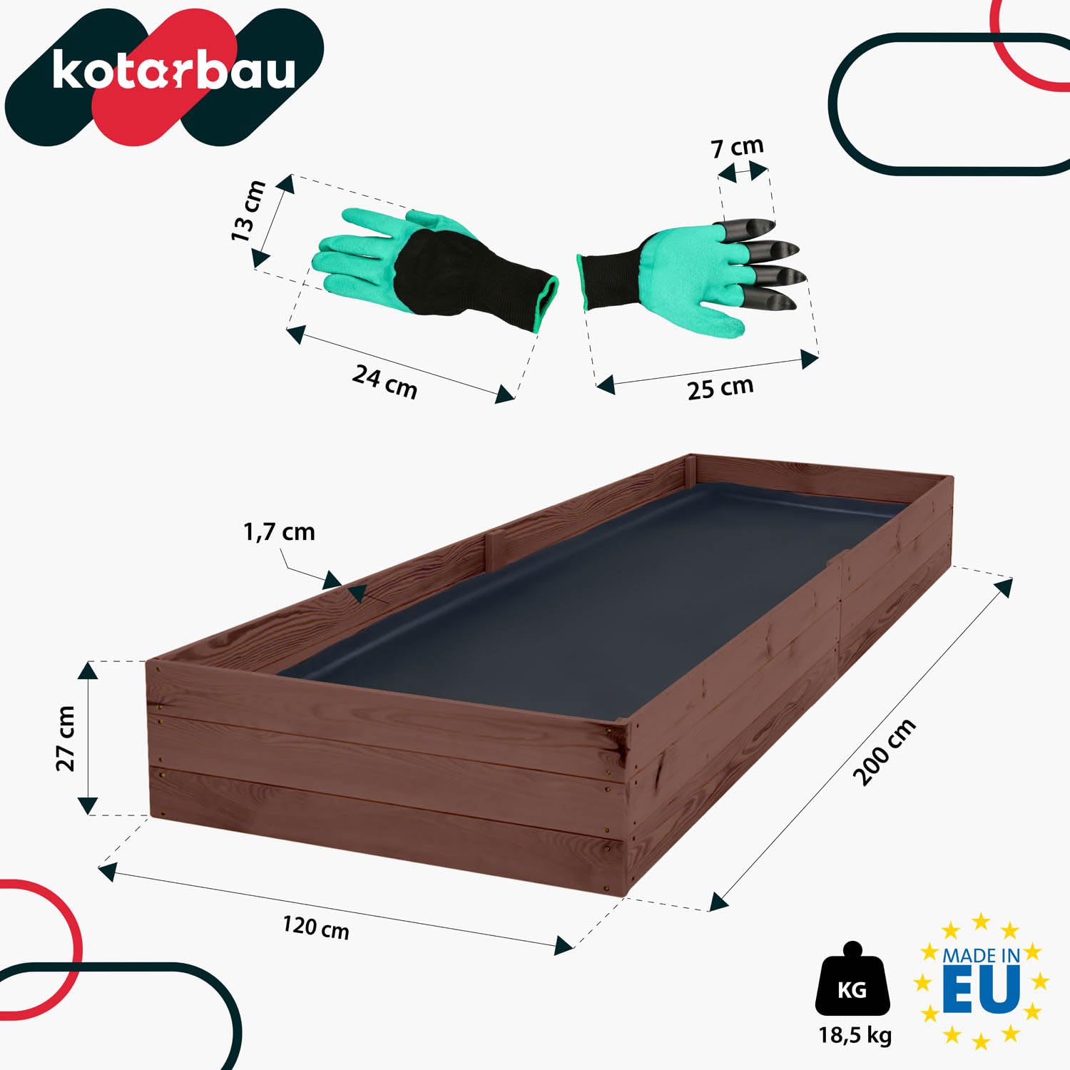 KOTARBAU® Jardinera de madera para plantas de fondo profundo 200x120x27cm Impregnadas, jardineras marrones, maceta alta, jardineras para hierbas aromáticas, jardineras para el jardín, macetas para