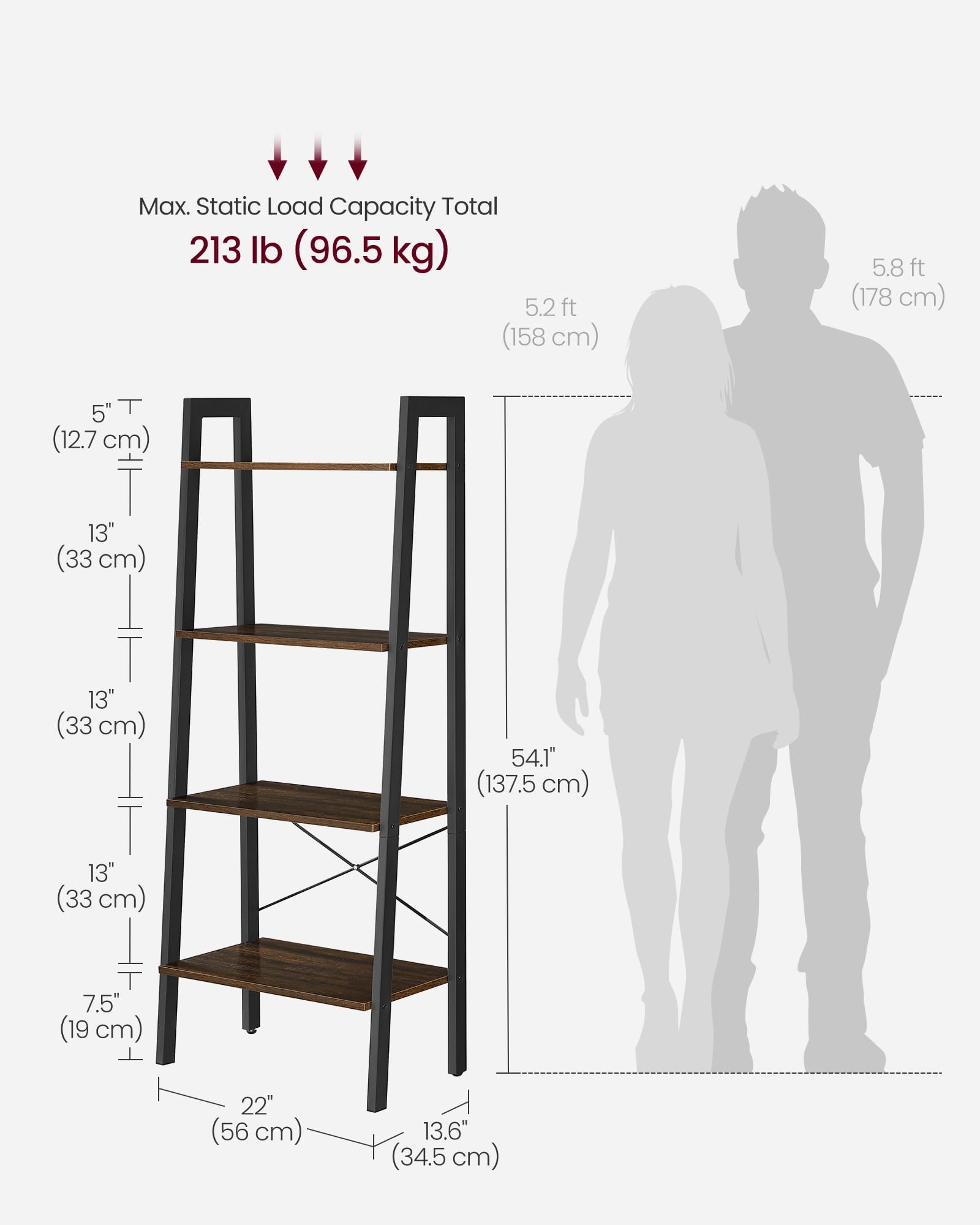 VASAGLE Ladder Shelf, 4-Tier Bookshelf, Storage Rack, Bookcase with Steel Frame, for Living Room, Home Office, Kitchen, Bedroom, Industrial Style, Rustic Dark Brown and Black ULLS44BF