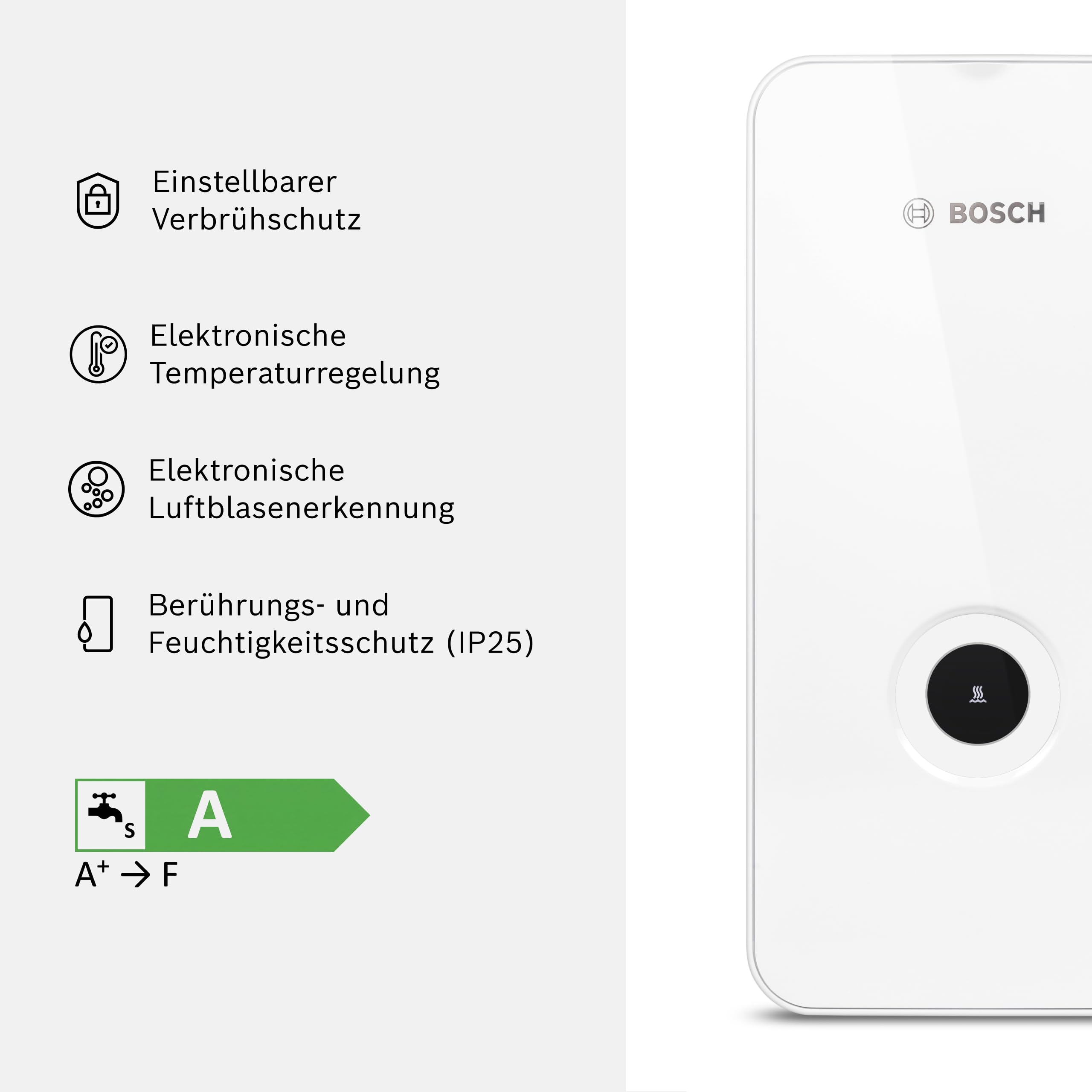 Bosch elektronisch geregelter Durchlauferhitzer Tronic Line 15/18/21 kW - umschaltbar, druckfest, stufenlose Temperaturwahl, moderne Glas-Optik, weiß [Energieklasse A]
