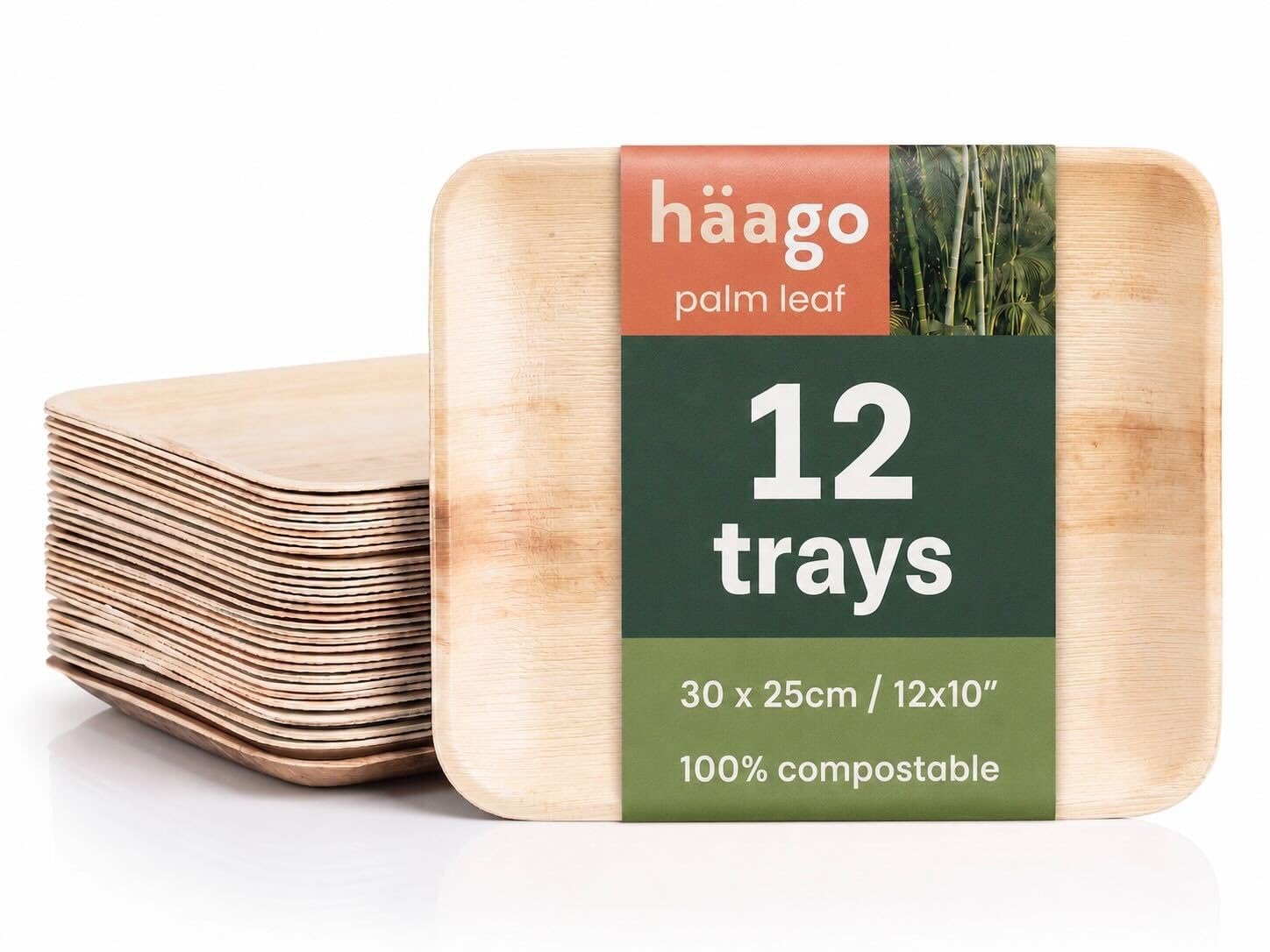 HAAGO Rectangular Palm Leaf Disposable Trays 25x30cm - Compostable, Eco-Friendly Like Wooden & Bamboo Trays for Hot & Cold Food, Microwave & Freezer Safe for Picnics (12)