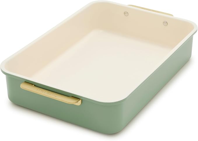 GreenPan Bakeware Set, 7 Piece Nonstick Ceramic Gold Handle Baking Sheets, Cake Pans, Loaf Pan, Muffin Tin, Cooling Rack, PFAS & BPA Free, Freezer to Oven Dish, Bake & Roast Ovenware, Sage Green