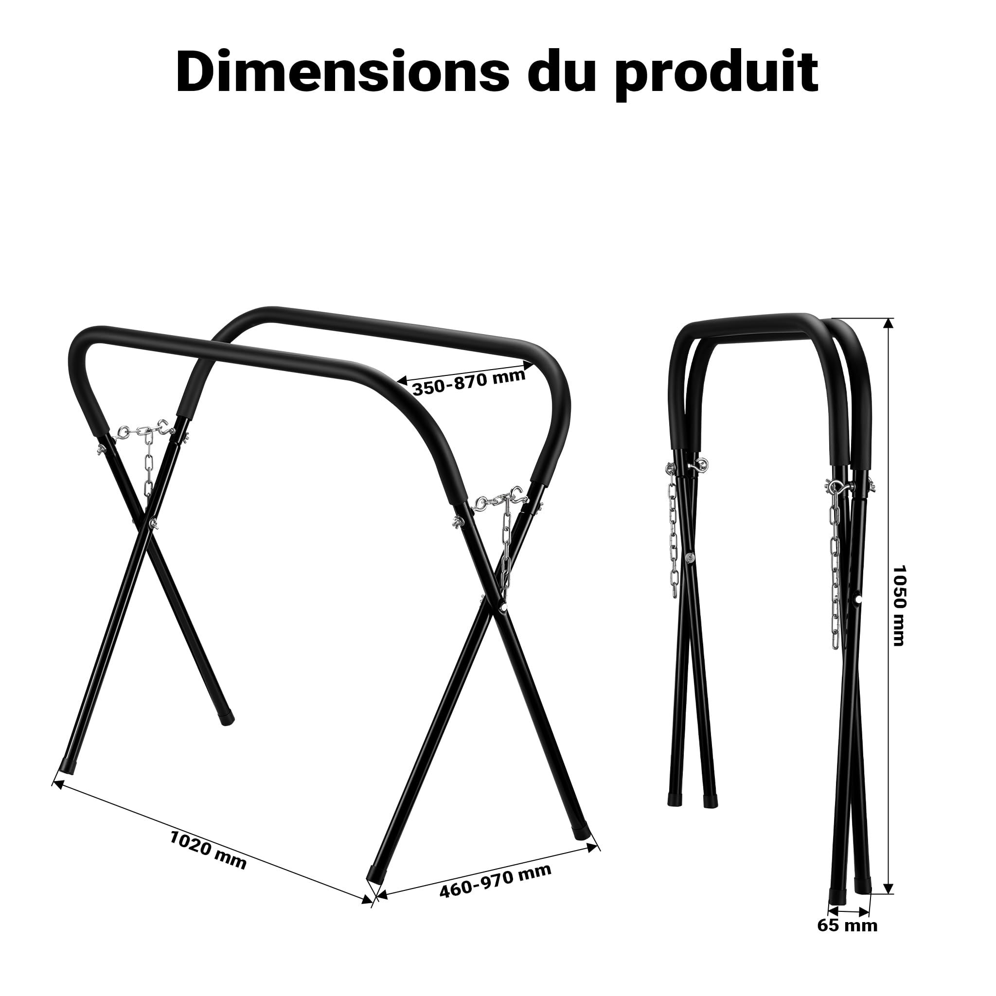 WilTec Chevalet Noir Support Pare-Brise Pliable Acier 50kg Max. Hauteur réglable Tréteau de Travail Carrosserie avec Chaînes de Verrouillage Réglage Outil Mécanicien Automobile