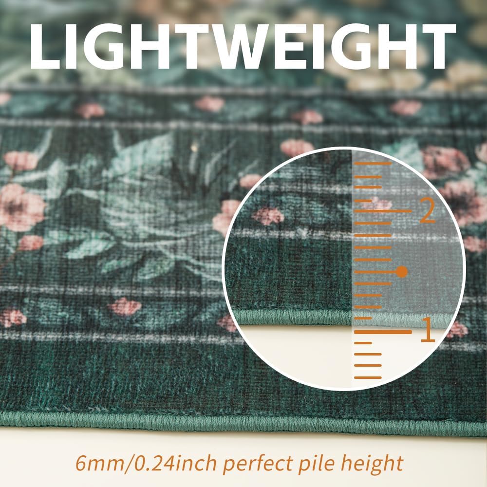 4x6 Dark Green Area Rugs for Living Room, Floral Washable Rug Vintage Large Soft Boho Non-Slip Carpet Indoor Floor Stain Resistant Carpets for Bedroom Dining Room Farmhouse Nursery Home Office
