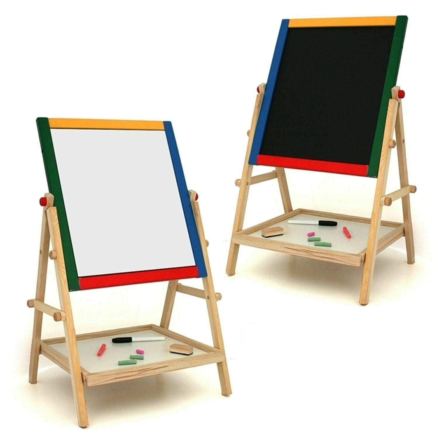 Invero 2 In 1 Wooden Double-Sided Blackboard & Whiteboard with Stand - Includes Pen, Caulks and Eraser - Ideal for Kids Children Drawing & Writing (65cm x 38cm)