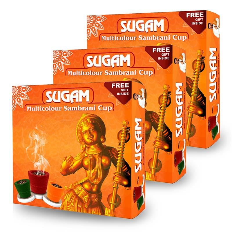 TwoHands Sugam Multicolour Sambrani Dhoop Cups for Pooja (36 Cups) | Rose, Jasmine, Champa & Sandal Cup Dhoop | Natural Havan Dhoop Cups for Home & Meditation | Pack of 3x12 + Free Burner Plate
