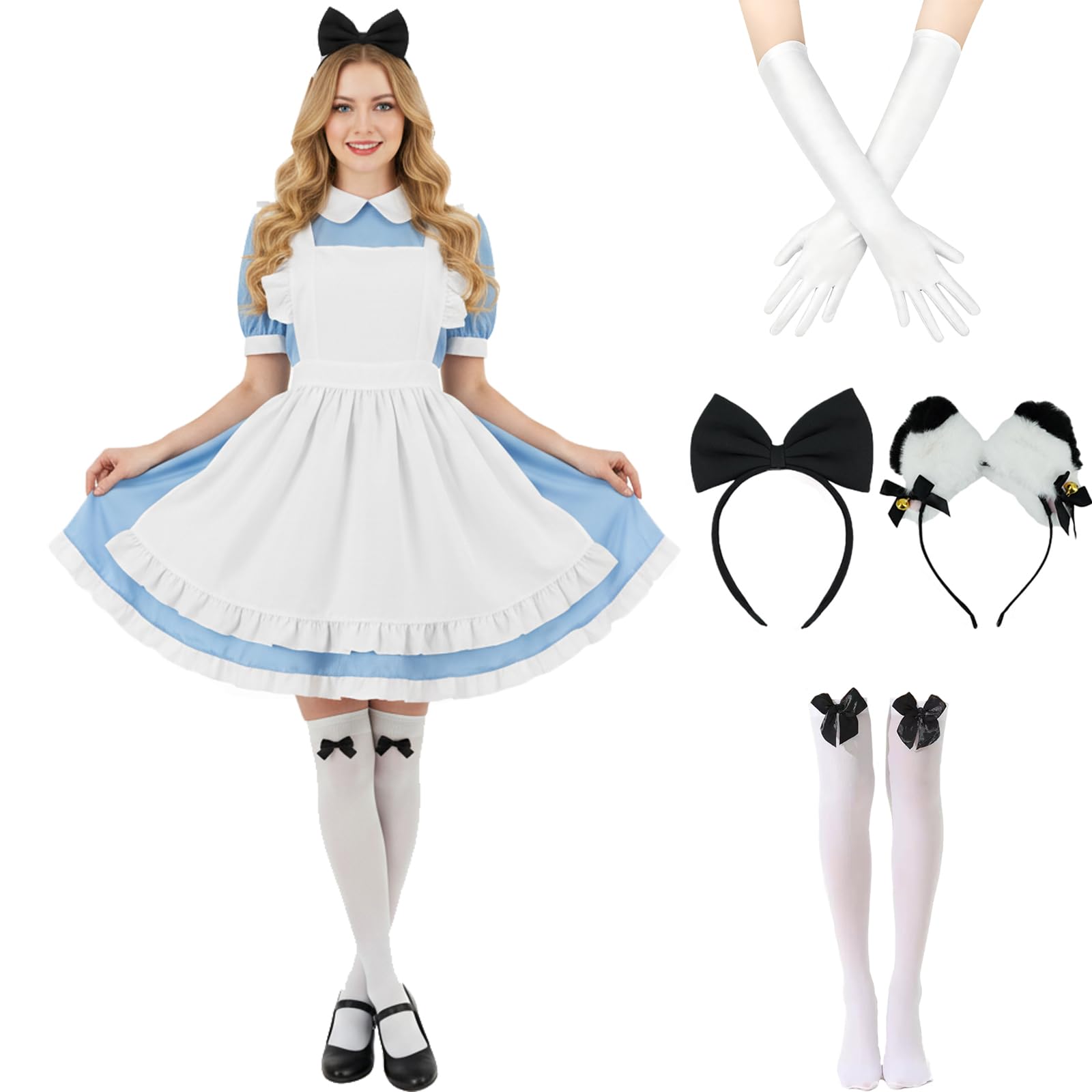 AYYOHON Alice Costume Women Wonderland Maid Outfit Anime Lolita Dress Halloween Cosplay Maid Apron Gloves Headband Socks Set XS