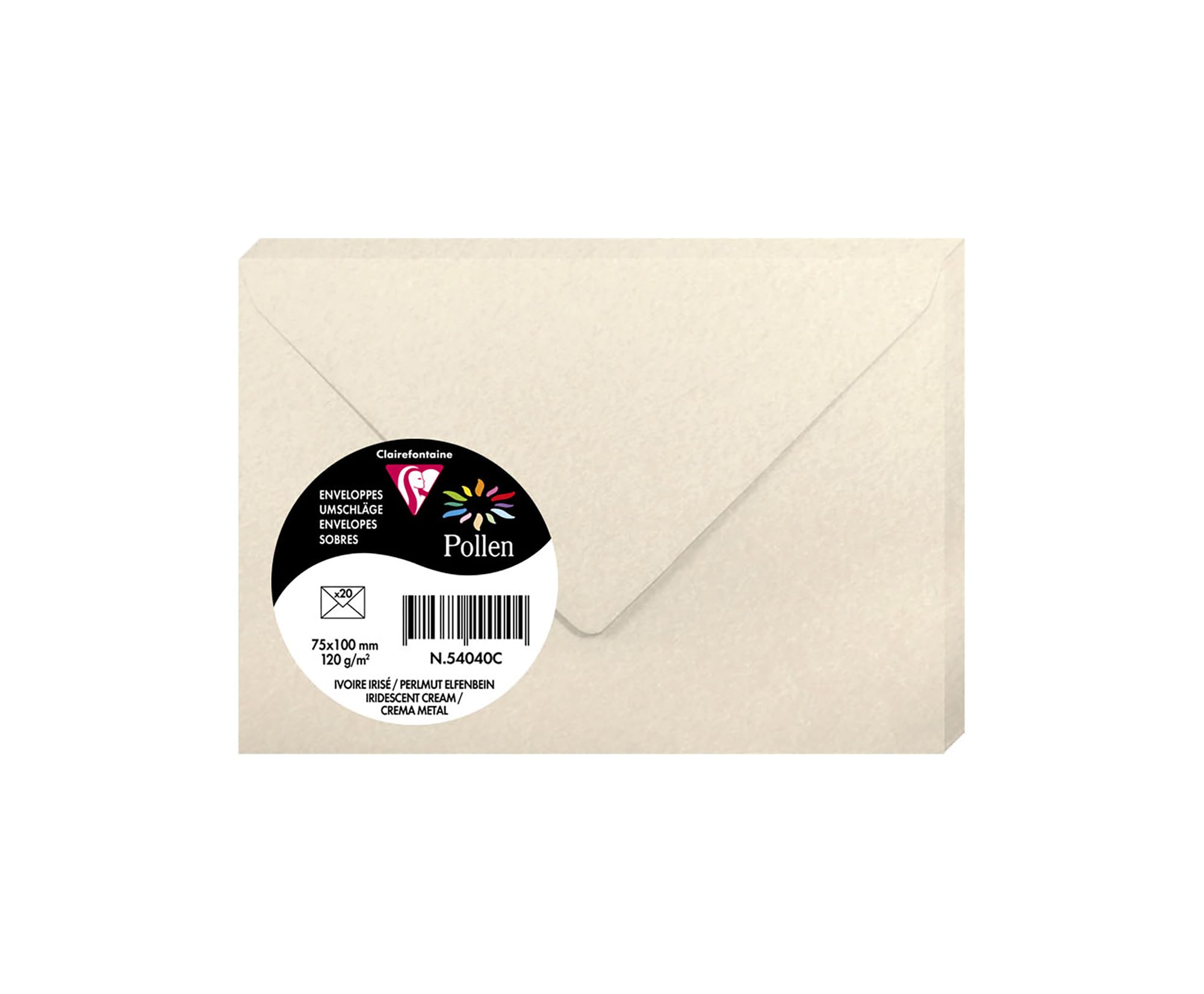 Clairefontaine 54040C Iridescent Cream Paper Pack of 20 Gummed Envelopes 7,5x10cm 120gsm Invitation Events Correspondence Pollen Range Premium Smooth