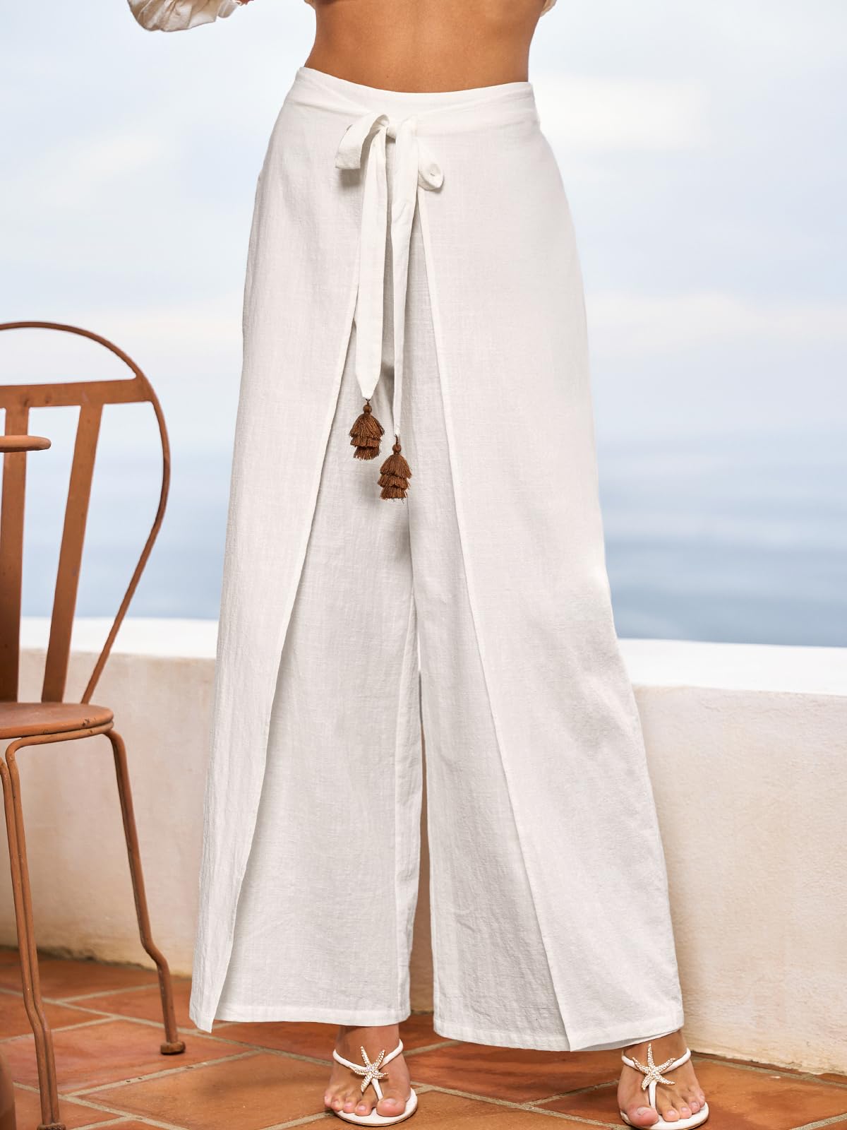 CUPSHE Pantaloni da donna a gamba larga a vita alta in cotone palazzo gamba spaccata pantaloni con nappa cravatta cintura estate spiaggia vacanza copertura up