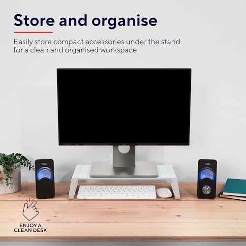 Monta Supporto per Monitor Ergonomico 41 x 22 x 10 cm, Rialzo Monitor da Scrivania in Vetro Temperato, Organizzatore Scrivania per Laptop Computer Notebook PC Portatile Desktop Ufficio - Bianco - Tastiera gaming - Immagine 3