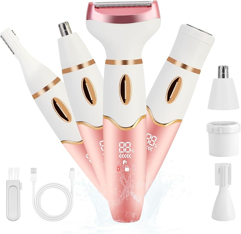 Electric Razors Shaver for Women Bikini Trimmer 4 in 1 Women's Shavers Gift | Lady Cordless Wet/Dry Razor Waterproof Rechargeable for Face Nose Eyebrow Arms Armpit Legs Pubic Area Painless Hair Removal
