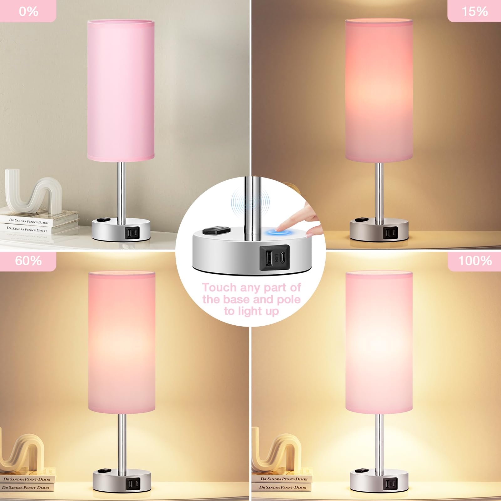 Fenmzee Lámpara rosa para mesita de noche de dormitorio, lámpara de mesa táctil regulable de 3 vías, puertos de carga USB C, lámpara pequeña con salida de CA para escritorio, habitación de niñas