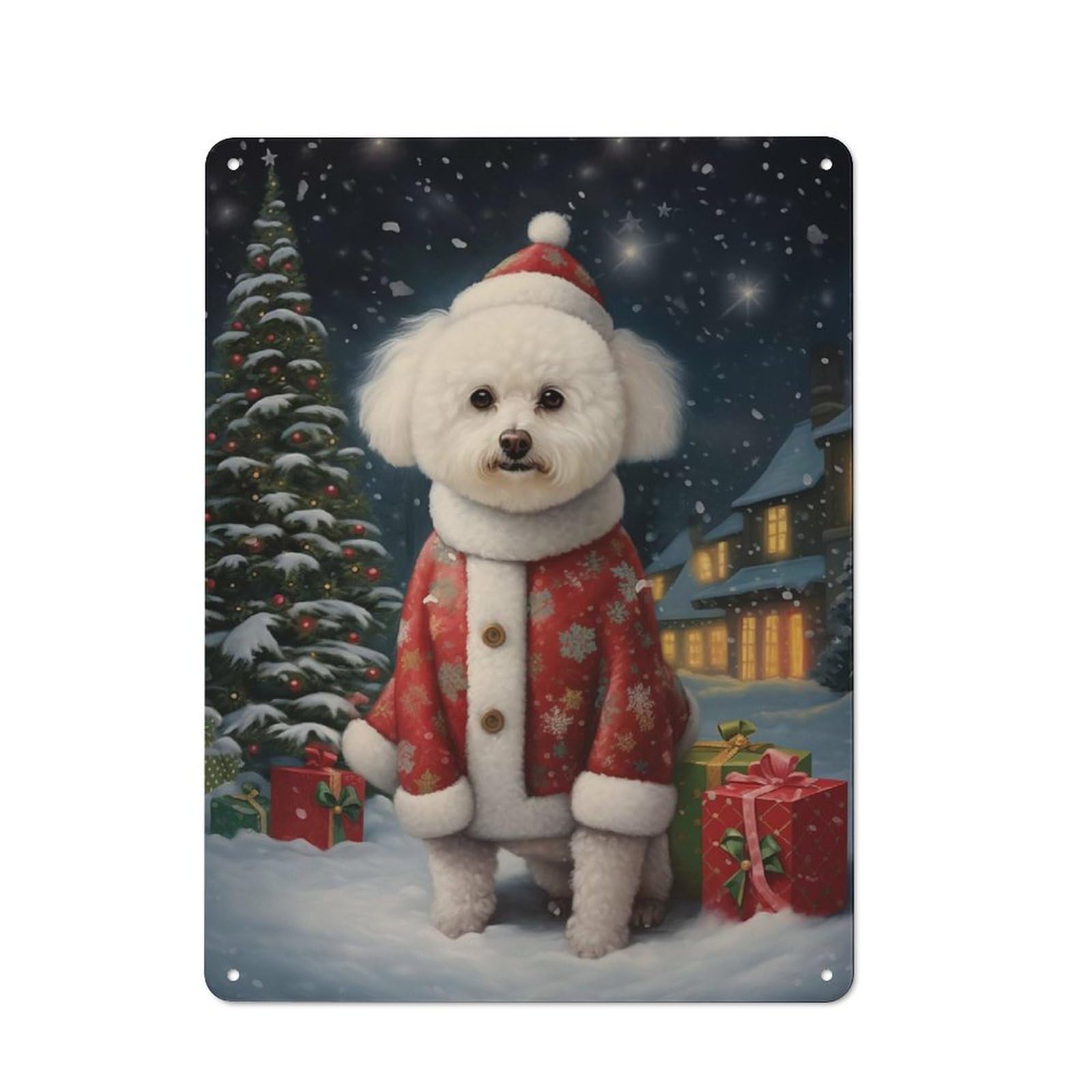 Junmoney Bichon Frise Christmas Dog Retro Tin Sign 40X30cm For Bar Or Restaurant, For Collectors Of Retro Metal Wall Decor