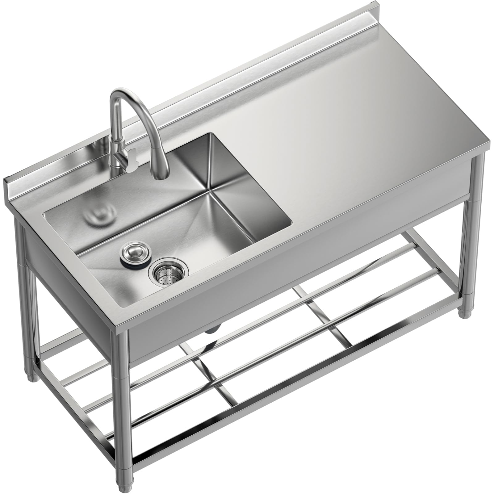 Freistehende Edelstahl Spültisch Gastro mit Werkbank, Gewerbliche Küchenspüle mit Ausziehbarem Wasserhahn, Outdoor Spüle für Küche Garage Waschküche Restaurant, 55T x 120B x 94H cm