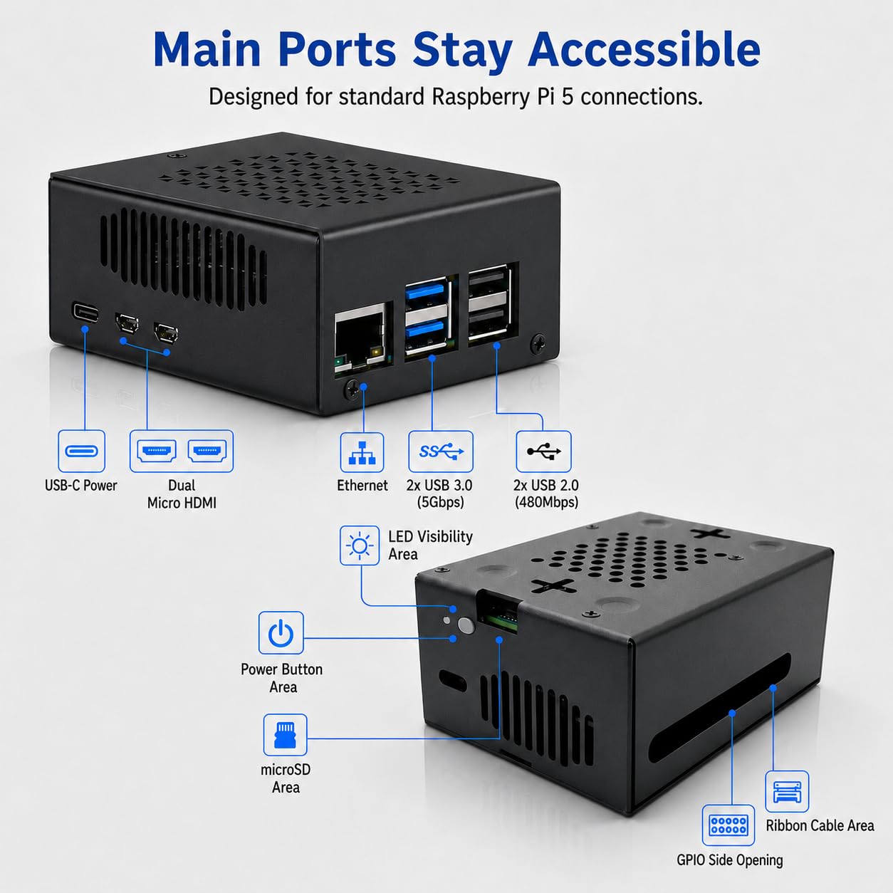 Custodia in metallo per Raspberry Pi 5, supporto Pi 5 Active Cooler, spazio per cappelli, schede aggiuntive, refrigeratore e cappelli NVMe (nero)