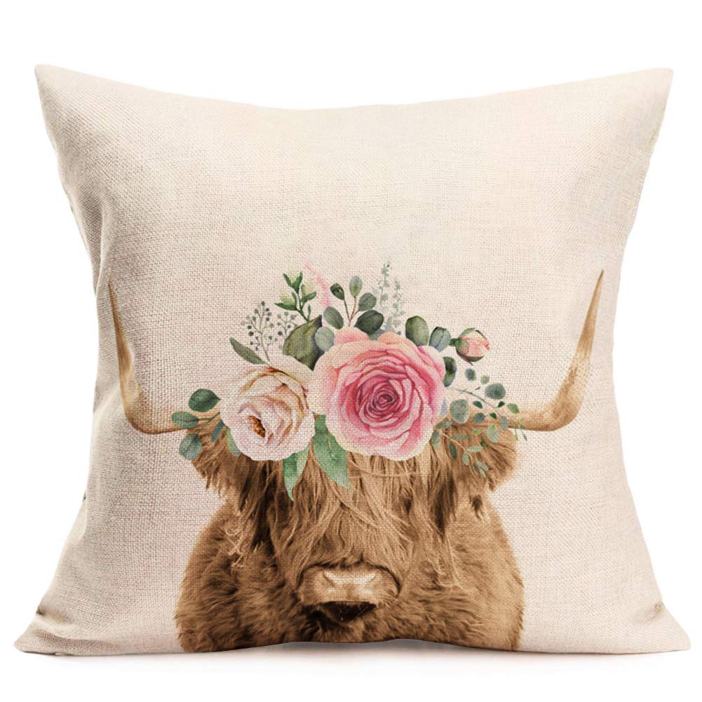 Hopyeer Cute Animals Throw Pillow Covers Tibetan Plateau Baby Yak with Peonies Roses Flowers Green Leaves Garland Design Pillow Cushion Cover Farmhouse Rustic Home Sofa Pillowcase 18"x18" (CA-Yak)