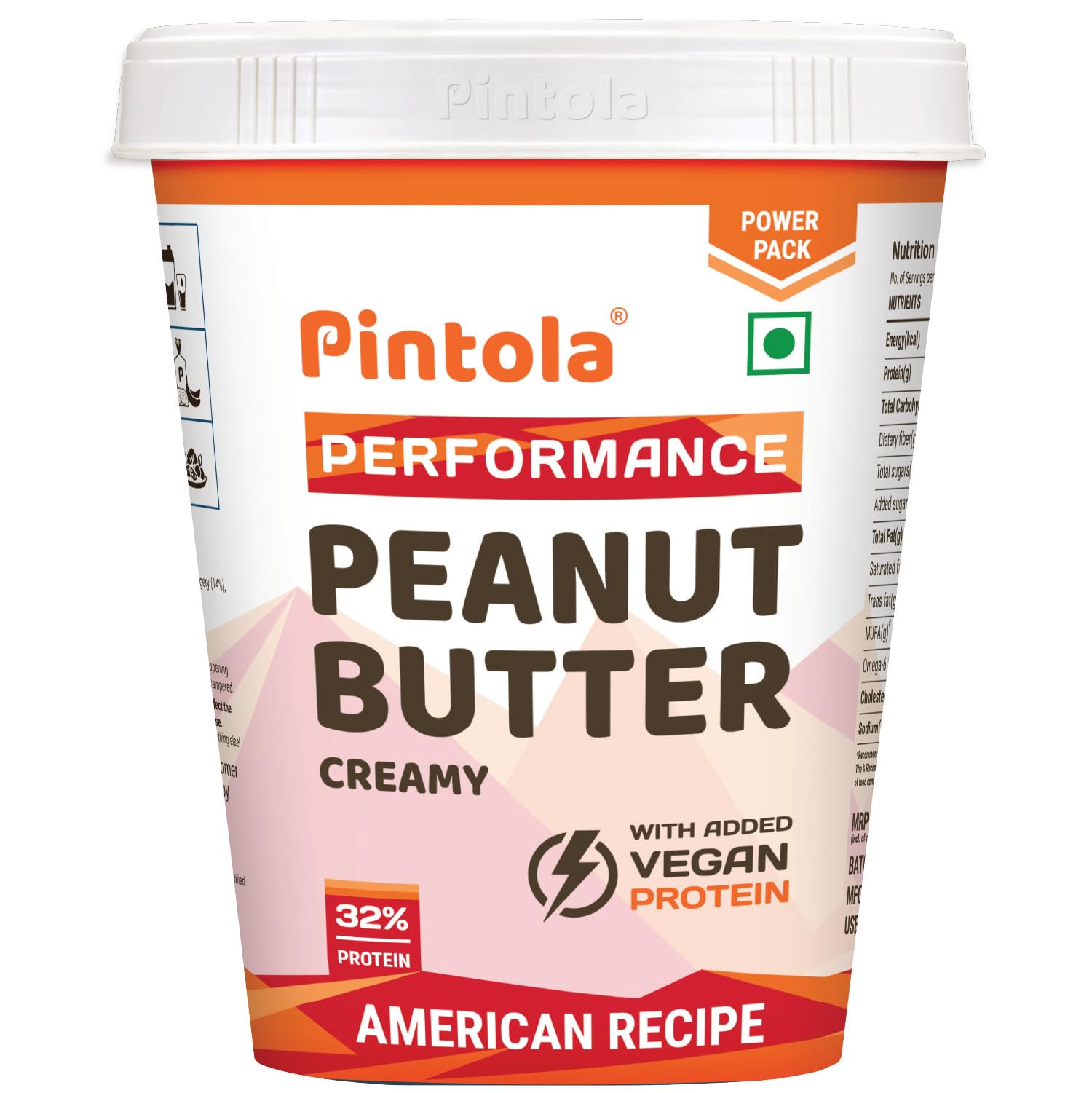 Pintola American Recipe Performance Series Peanut Butter (Creamy) - 1kg | Vegan Protein | 32% Protein | High Protein and Fiber 1kg (1 Pack) White