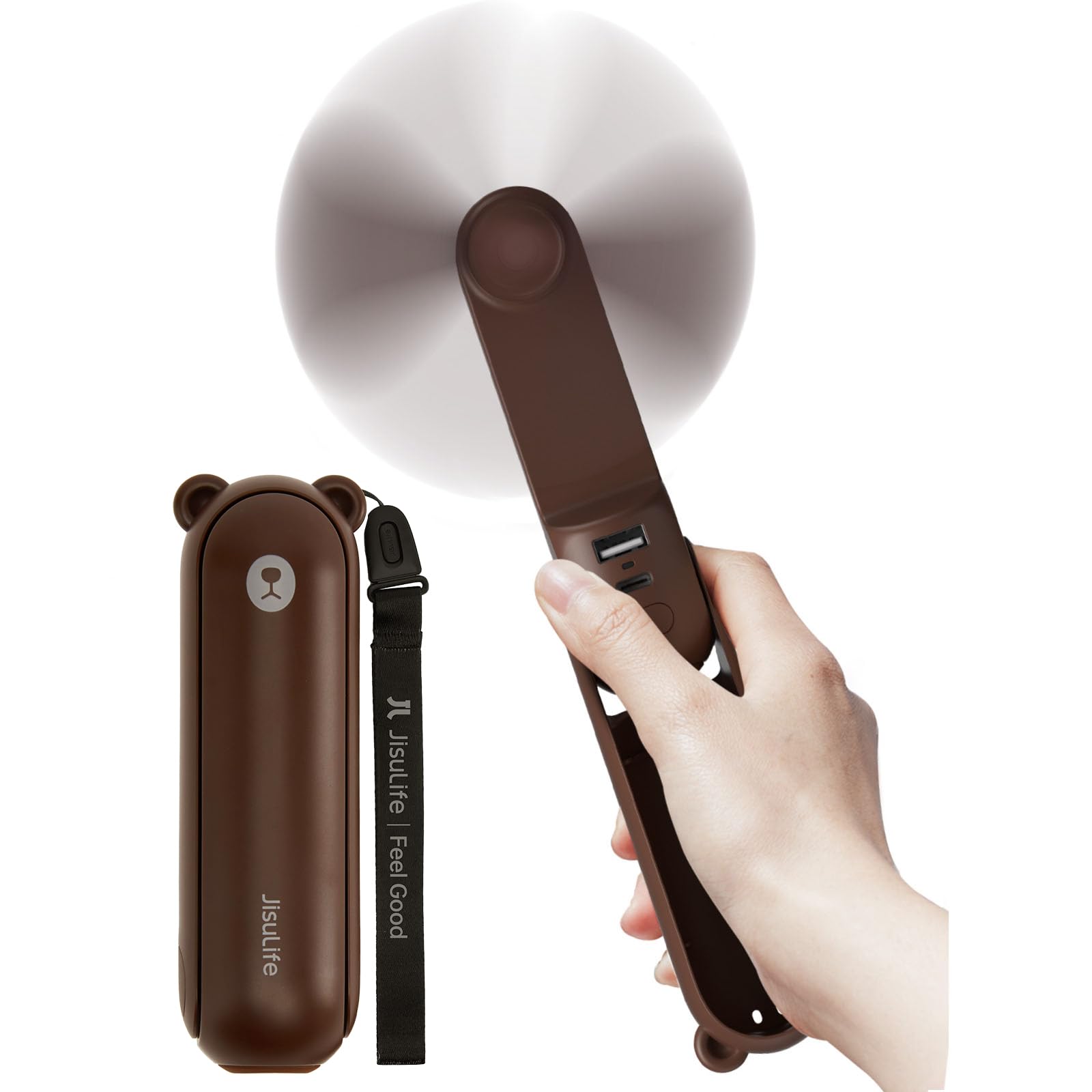 Jisulife Brown Handheld Fan With 4500 Mah Powerbank Max 37 Hours Runtime, Personal Portable Fan Pocket Usb Powered Folding And Mini Rechargeable Quiet