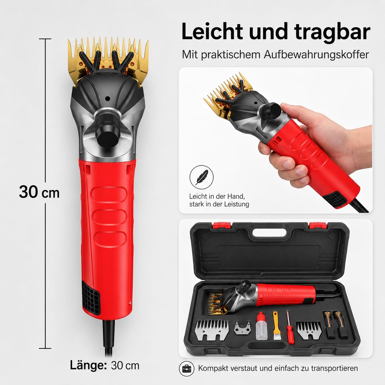 1200W Elektrische Schafschere, mit 13-Zahn-Klinge, Set im Koffer | High-Power Schafschermaschine, 6 Geschwindigkeiten, für Alpakas, Tiere, Schafe, Ziegen, Rot