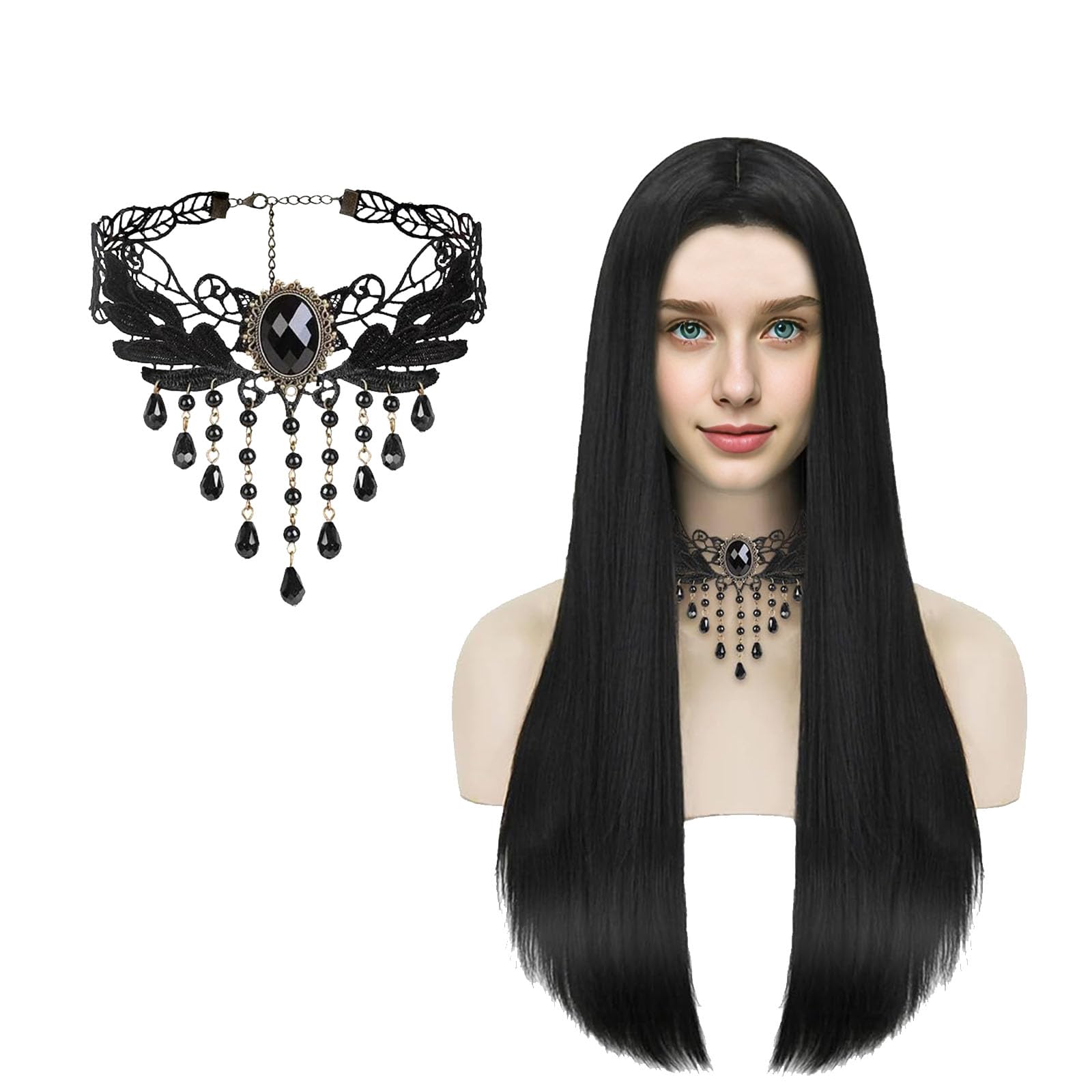 Peruka czarna kostium czarownicy dla kobiet z akcesoriami, kostium Morticia Addams na Cosplay, Halloween, karnawał i imprezy tematyczne