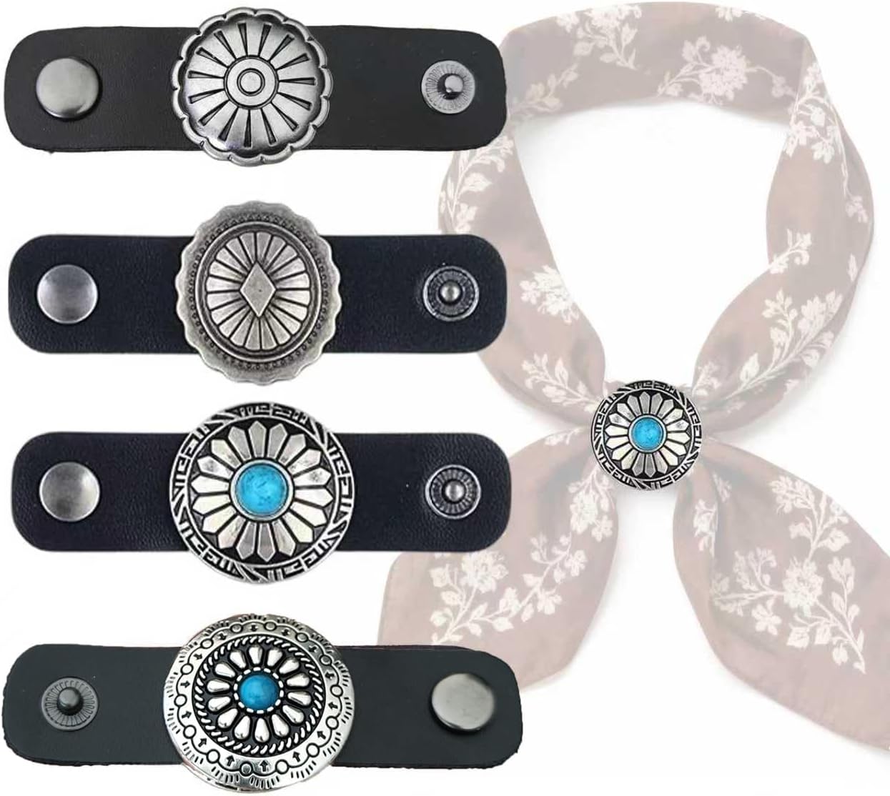 4 PCS Western Bandana Scarf Ring Clasp Clips, 4 Styles Neckerchief Slide Buckle Vintage Pattern Accessories