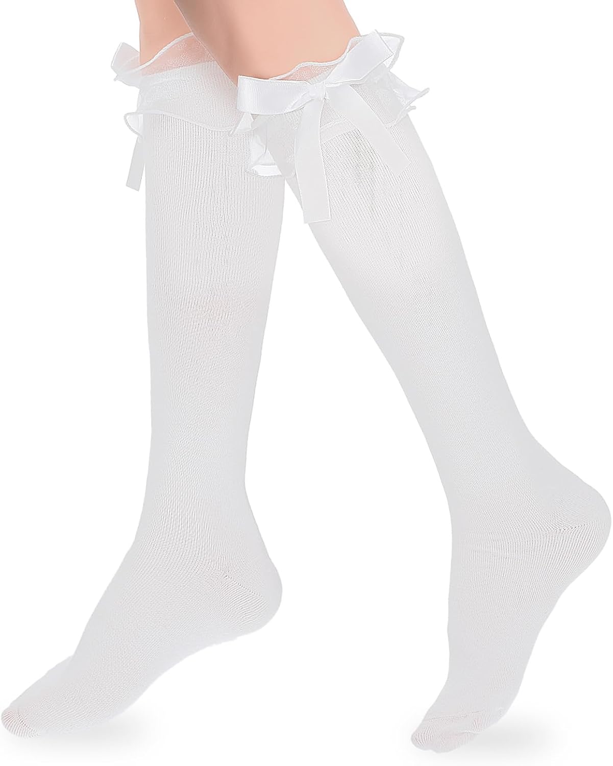 White Knee High Socks Girls, Lolita Goth Sock Cotton Ruffle Socks Lace Bow Sock for School Dating Dance
