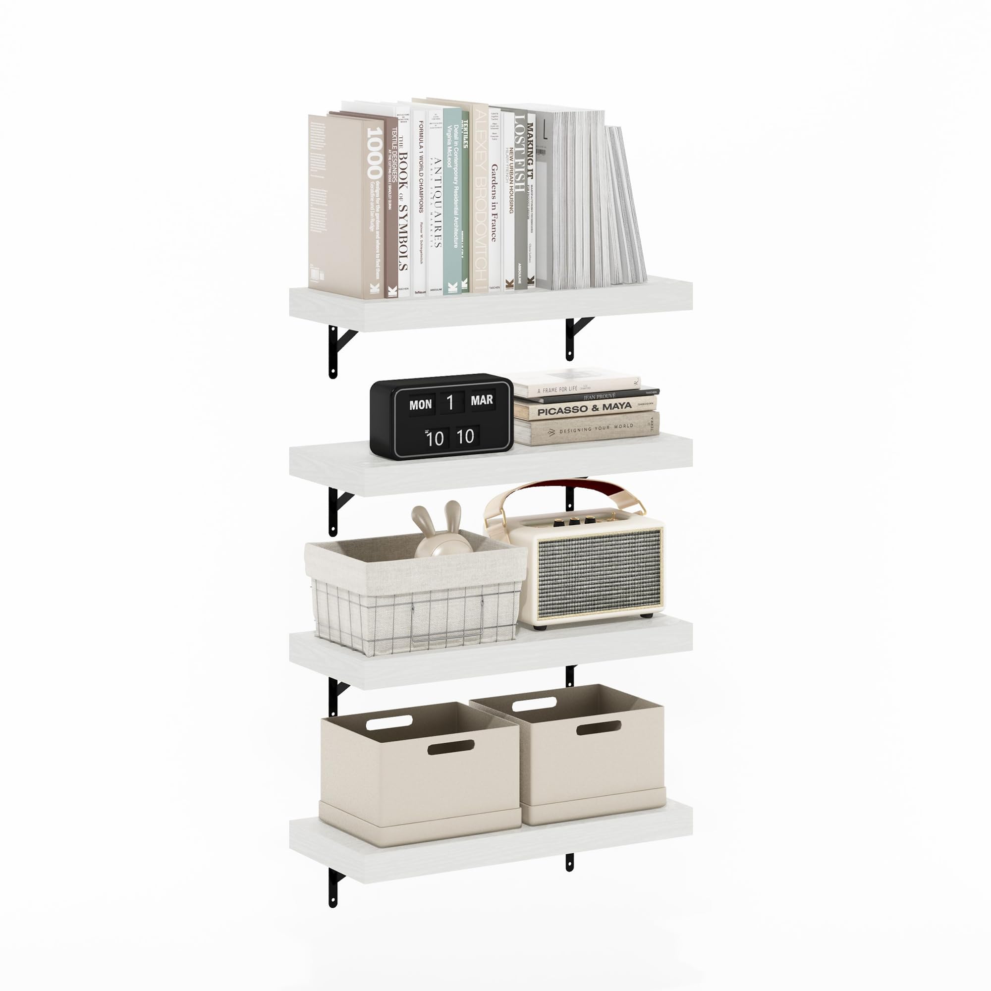 Furinno Tanna Floating Shelves for Wall Set of 4, 22-Inch Wall Shelf, Triple Thick Floating Mounted Shelf, for Bathroom, Home Office, Living Room, White Texture