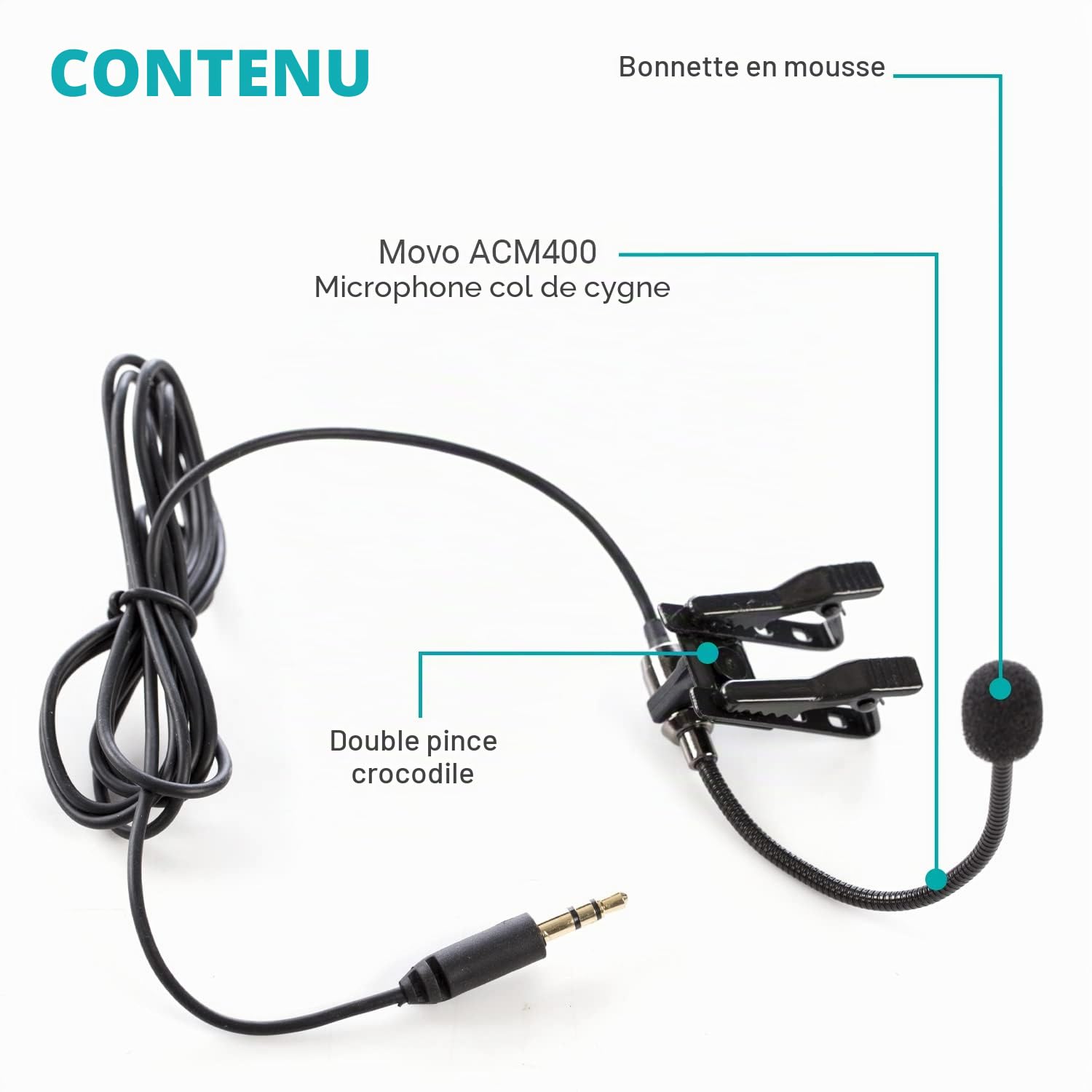 Movo ACM400 Microphone omnidirectionnel à col de Cygne Flexible pour Casque Motovlogging Moto Vlog Action Cam - Compatible avec GoPro Media Mod