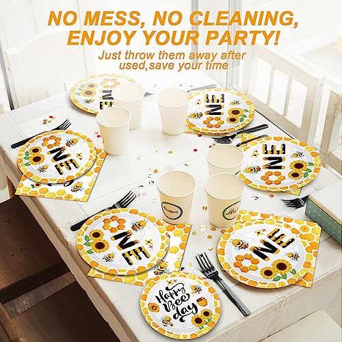 Image of Qyeahkj 100 Pcs Bee 1st Birthday Party Supplies Paper Plates and Napkins Set Disposable Bee First Birthday Tableware Decorations for Bees Theme Baby Shower Serves 25