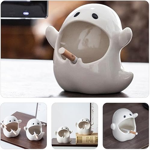 Miniatura 9 de Decoración de oficina para hombres, cenicero fantasma de Halloween, soporte de cenizas de cerámica, bandeja de cenizas portátil decorativa, bandeja