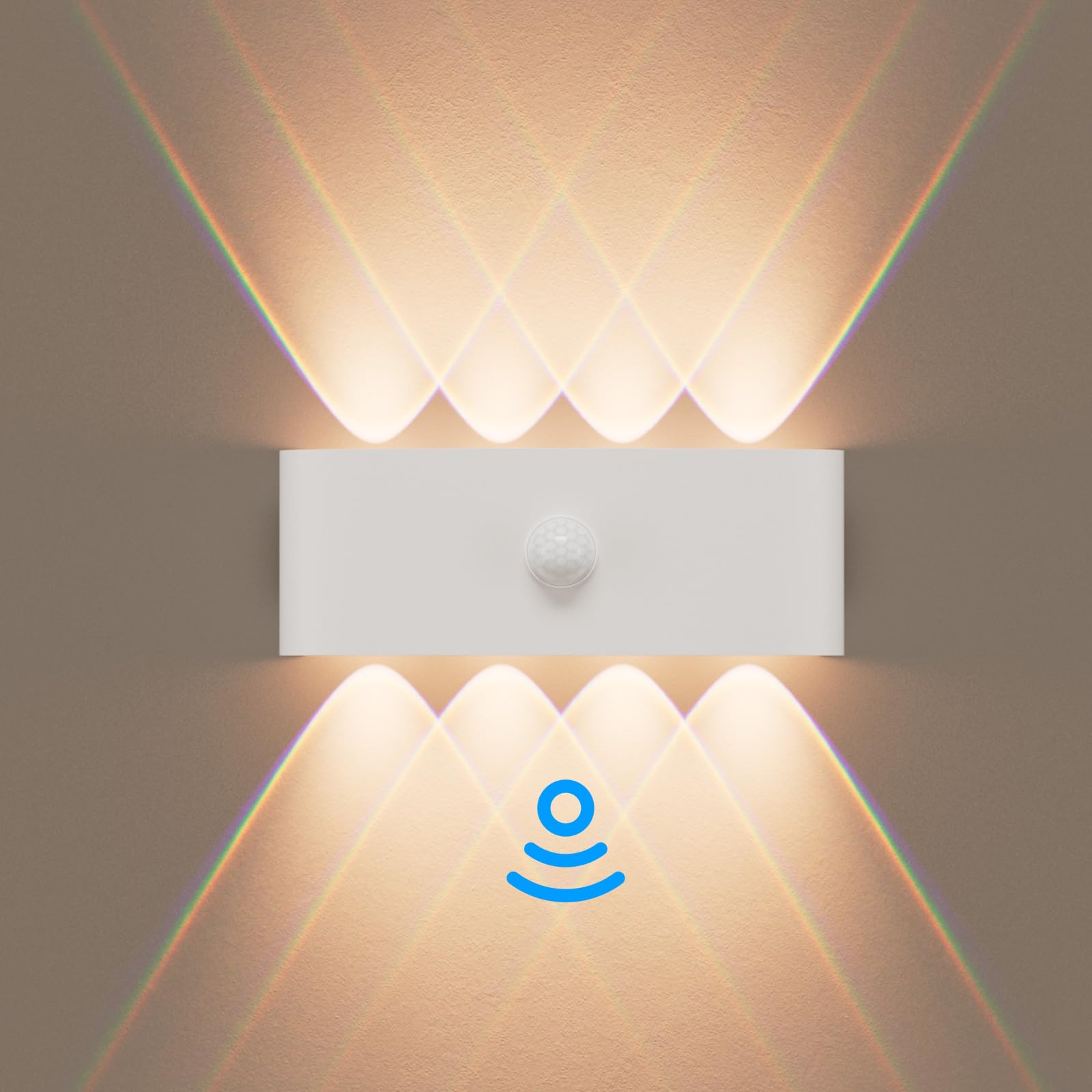 Kinamy Wandlampe mit Bewegungsmelder Innen, Wandlampe Innen 8W, LED Wandleuchte Innen Up Down Wasserdicht IP65, Geeignet für Treppen, Küche, Wohnzimmer, Schlafzimmer, Garten - Weiß