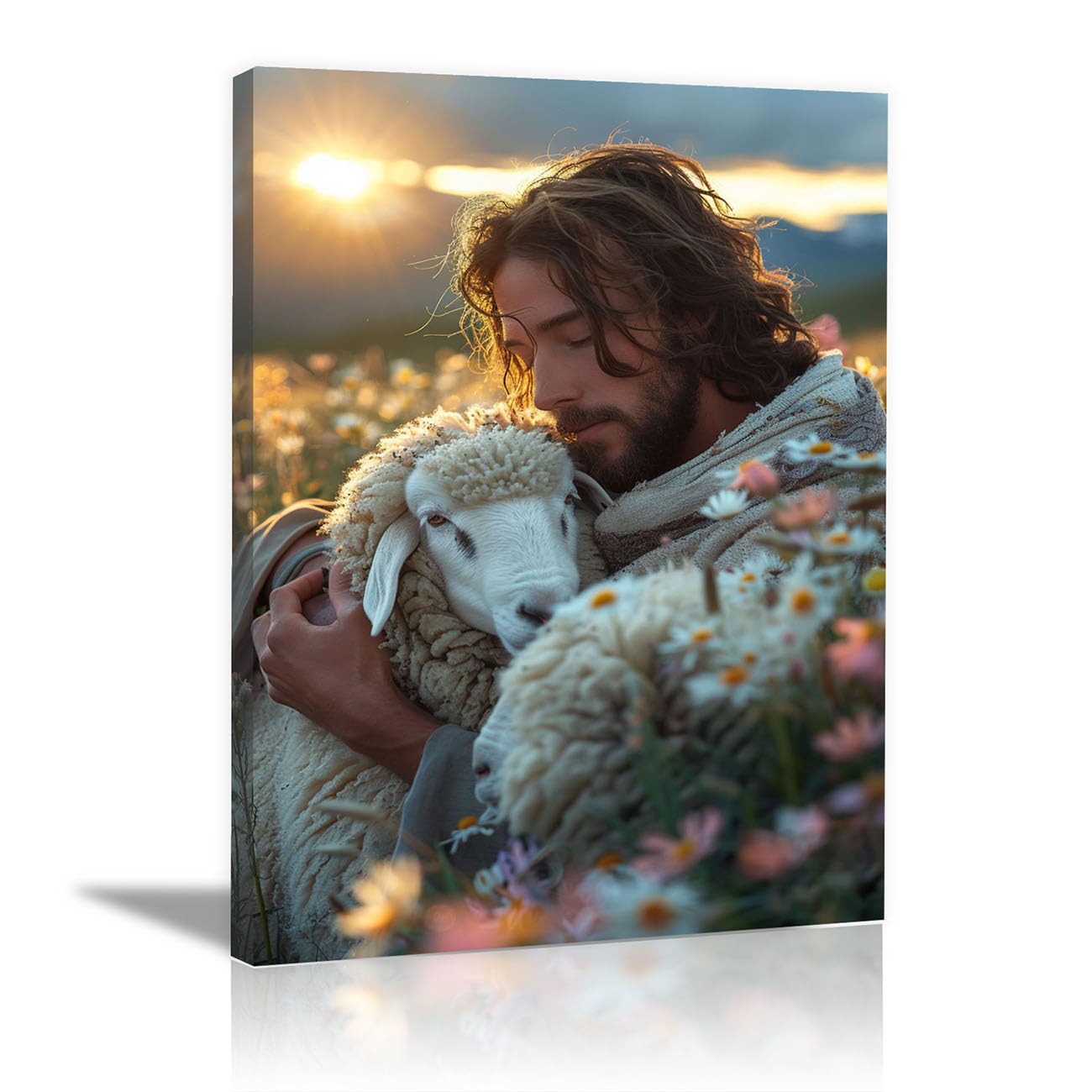 QUSAAOU Jesus Canvas Wall Art Jesus Embracing the Lamb Christian Religious Prints Painting for Bedroom Living Room Bedroom Hallway Home Decoration(orange)-70x100cm Framed