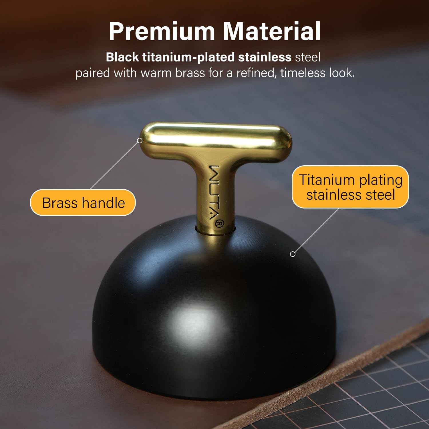 WUTA Leather Burnisher, 716g Heavy Duty Edge Beveler & Creaser Tool for Leathercraft, 304 Stainless Steel with Brass Handle, Titanium Coating,for Flattening Leather, Pressing Seams & Cutting Fabric