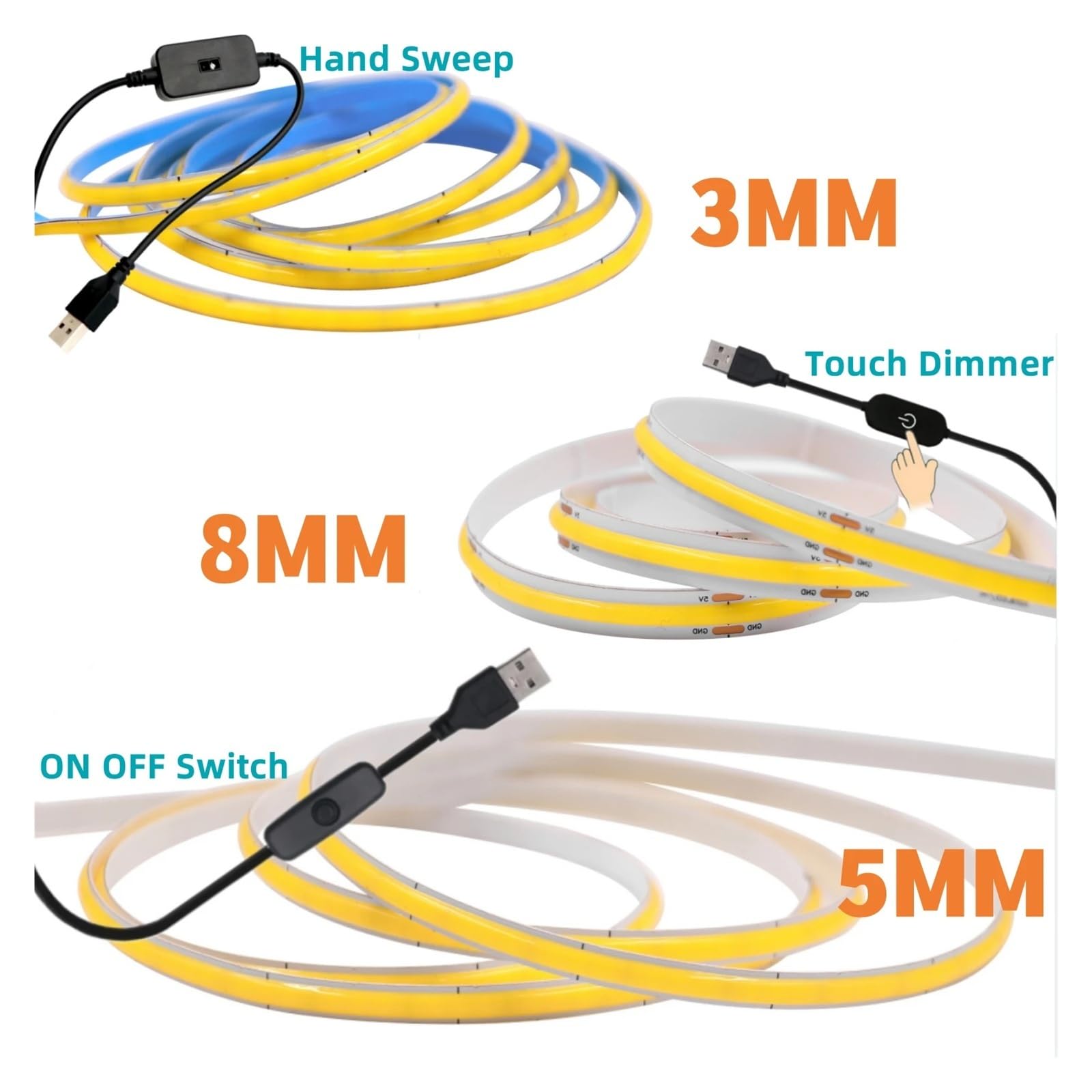 Taśma LED COB z funkcją ściemniania USB 3/5/8 mm PCB RA90 320LED/m 3000K-6500K Elastyczna taśma FOB(Natural White 4000K,USB NO SWITCH_5M_8MM PCB WIDTH)