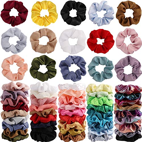 60 Pack Scrunchies for Hair, Chiffon Scrunchies Silk, Satin Scrunchies, Metallic Scrunchies, Ponytail Holder Hair Ties Ropes Elastic Hairbands Scrunchy Bobbles Hair Accessories for Women Girls
