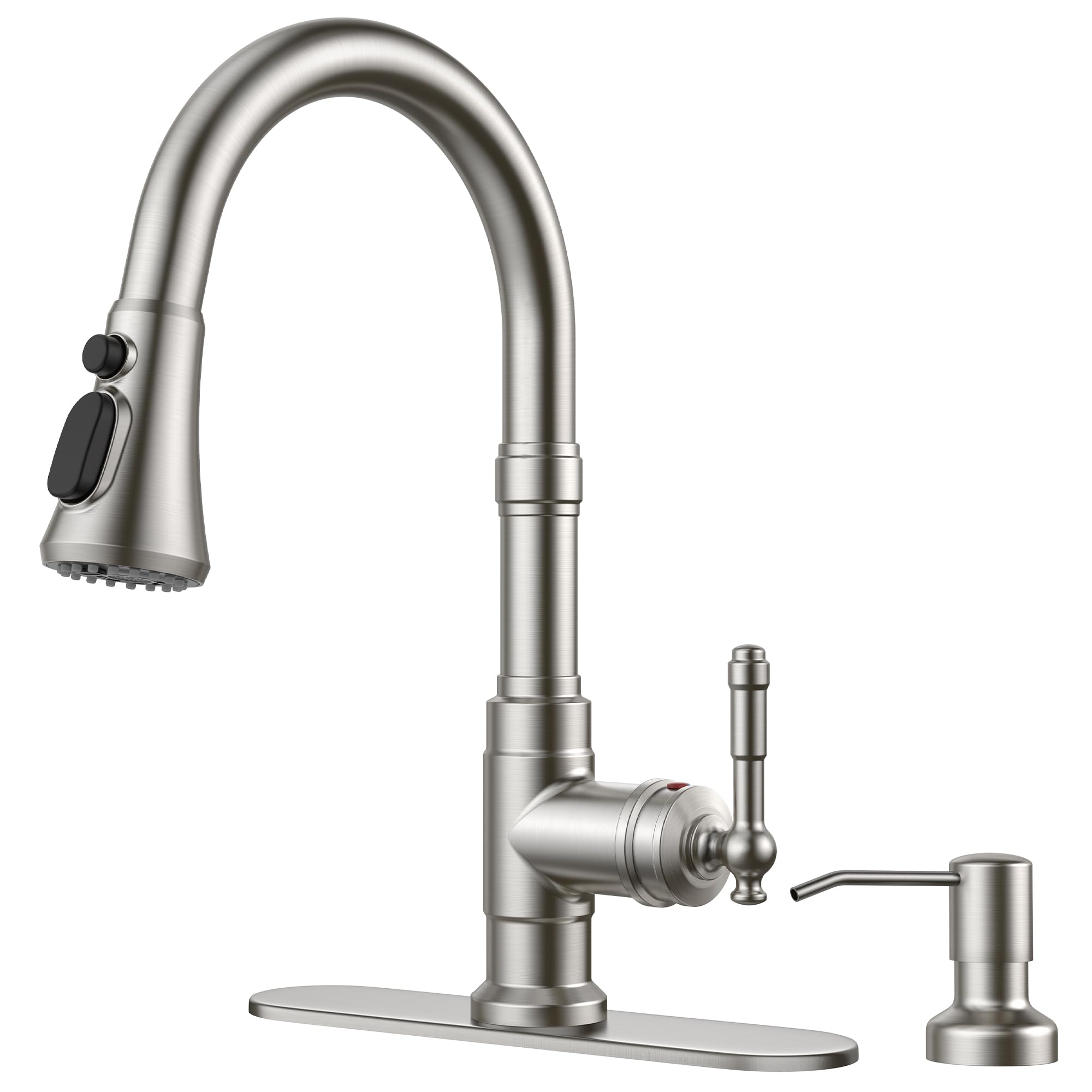 Grifo de cocina vintage con dispensador de jabón y rociador extraíble, grifo clásico de acero inoxidable de arco alto con manija única, acabado níquel cepillado, ideal para casas de campo, caravana
