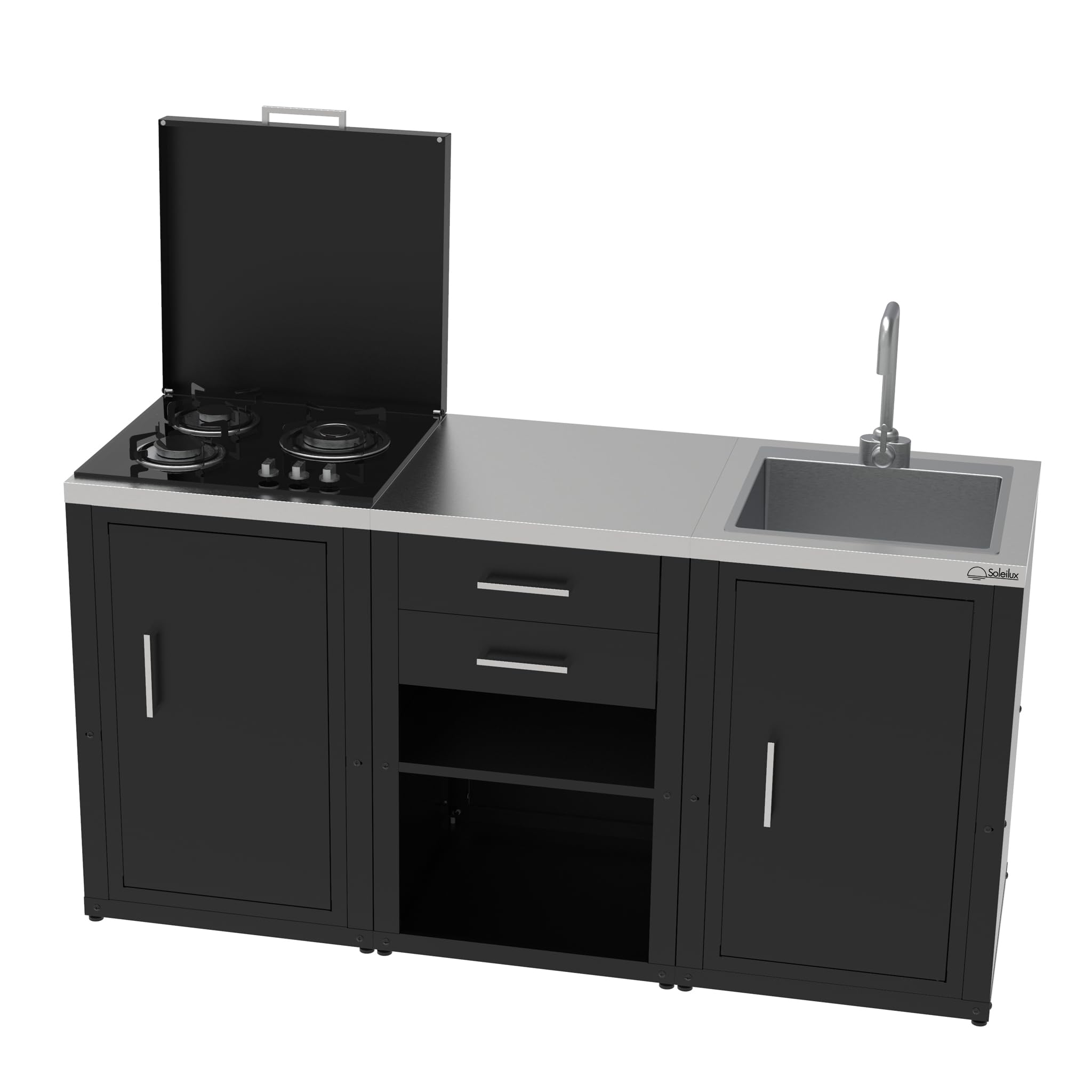 Set cucina da esterno a gas 3 elementi con lavello, rubinetto e tagliere con 2 cassetti estraibili - struttura in acciaio e piano in acciaio inox - Nero