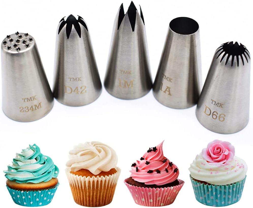 5 Pack Stainless Steel Seamless Piping Icing Tips #1M D42 1A D66 234M, Large Grass Star Piping Nozzle, Cake Decorating Tools for Baker