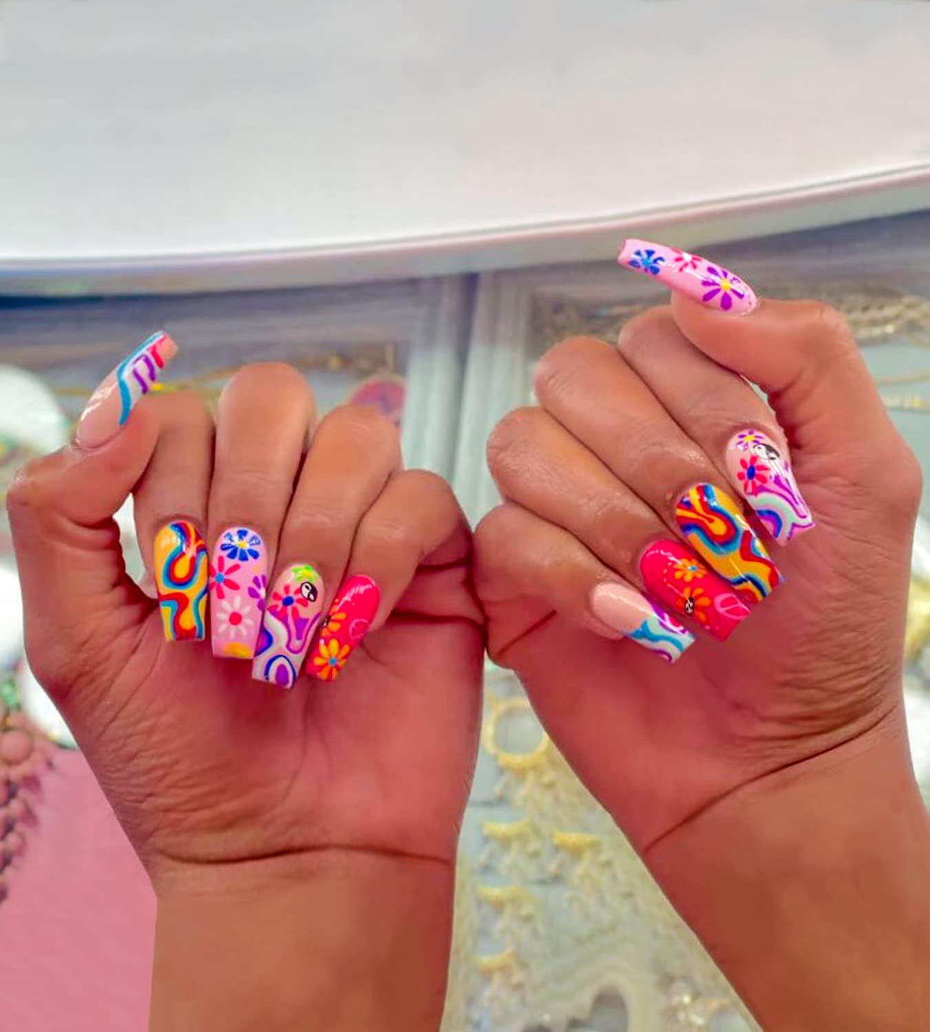 Artquee 24pcs Rainbow Square Press on Nails Medium Length Fake Nail Art with Colorful Swirl Flower Designs Acrylic Nail Reusable Artificial Glossy Nails in 12 Sizes Stick on False Nails Tips for Women